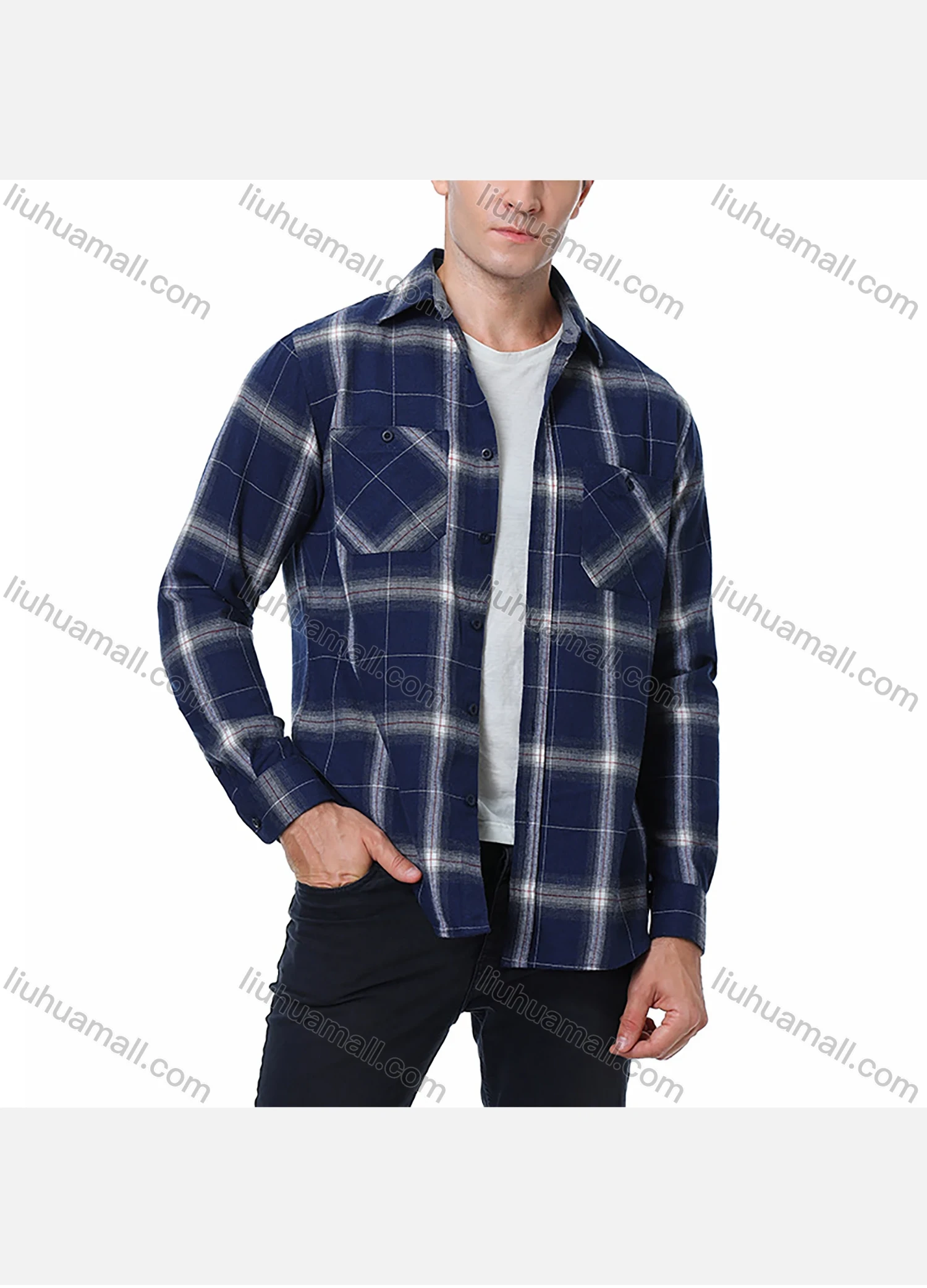 Wholesale Men's Casual Plaid Flannel Long Sleeve Pocket Button Down Thermal Shirts - Liuhuamall