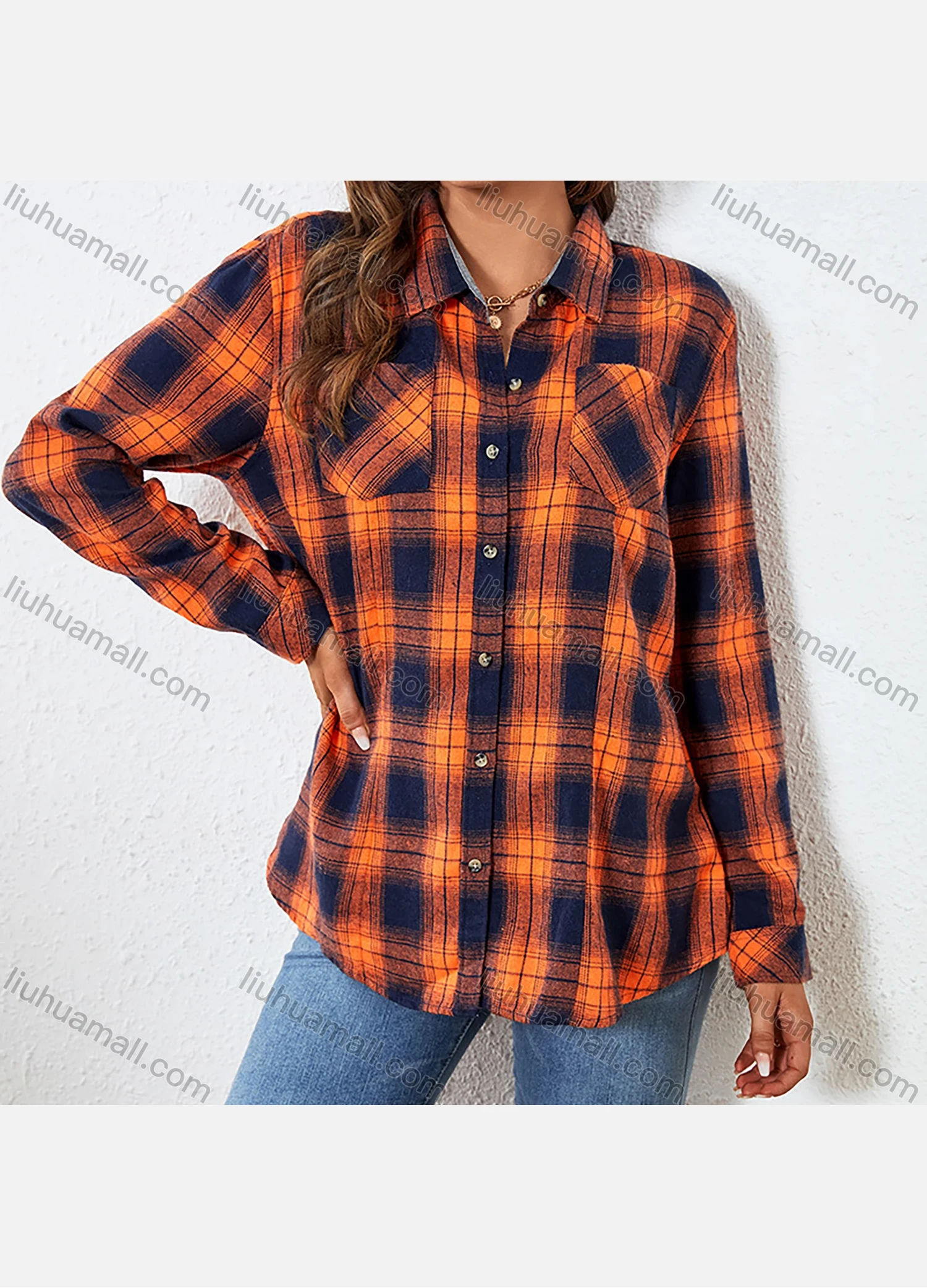 Wholesale Women's Fashion Plaid Flannel Long Sleeve Collared Button Down Patch Pocket Shirts - Liuhuamall