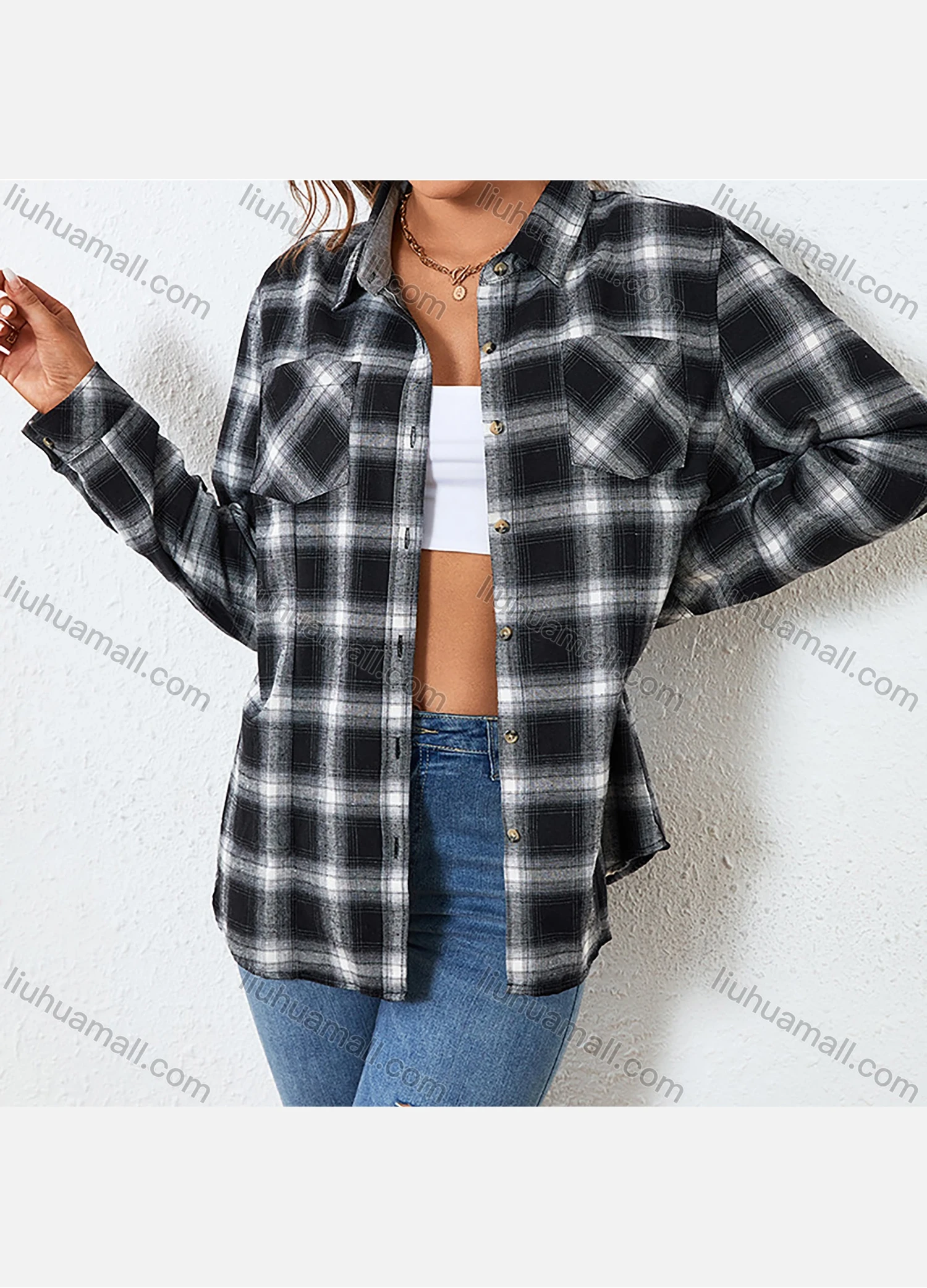 Wholesale Women's Fashion Plaid Flannel Long Sleeve Collared Button Down Patch Pocket Shirts - Liuhuamall