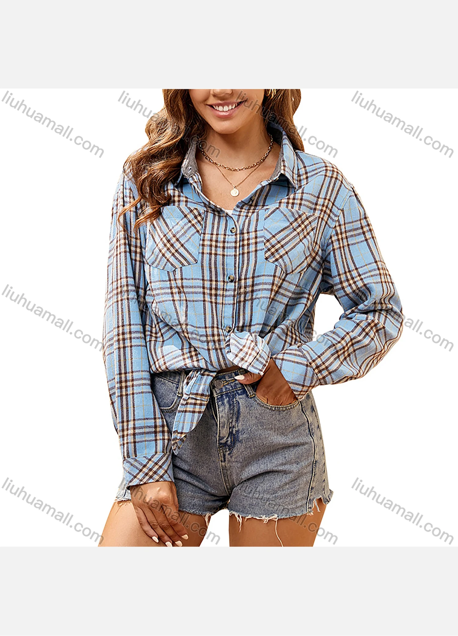 Wholesale Women's Fashion Plaid Flannel Long Sleeve Collared Button Down Patch Pocket Shirts - Liuhuamall