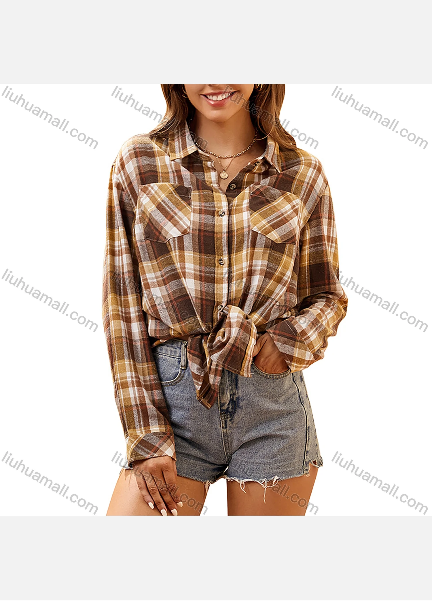Wholesale Women's Fashion Plaid Flannel Long Sleeve Collared Button Down Patch Pocket Shirts - Liuhuamall