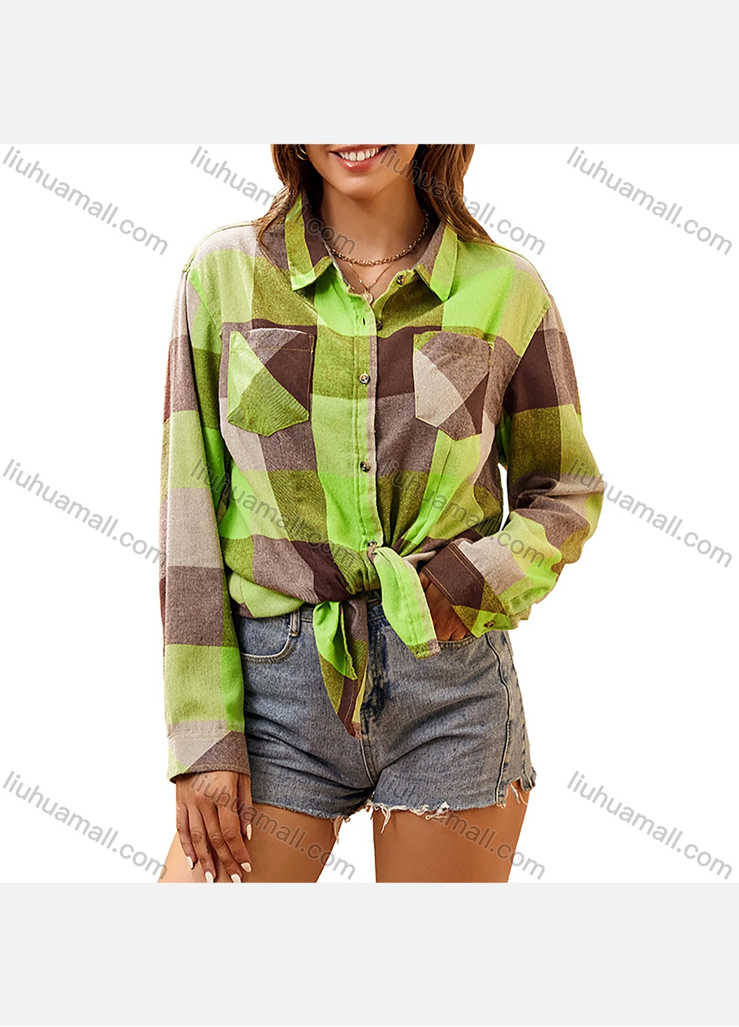 Wholesale Women's Fashion Plaid Flannel Long Sleeve Collared Button Down Patch Pocket Shirts - Liuhuamall