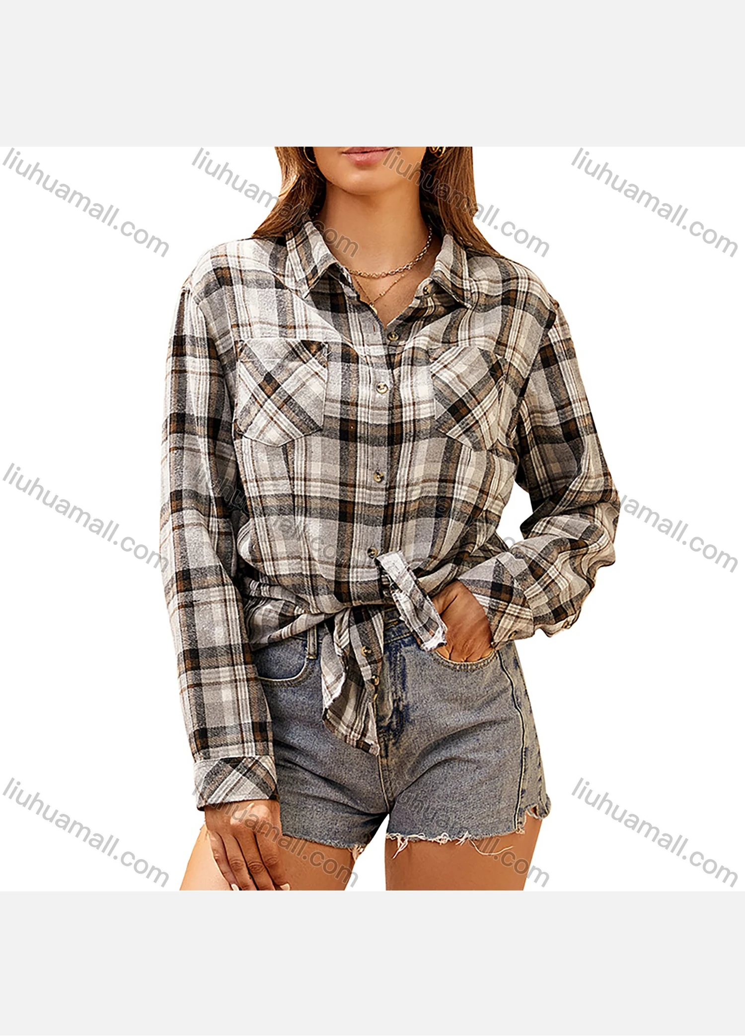 Wholesale Women's Fashion Plaid Flannel Long Sleeve Collared Button Down Patch Pocket Shirts - Liuhuamall