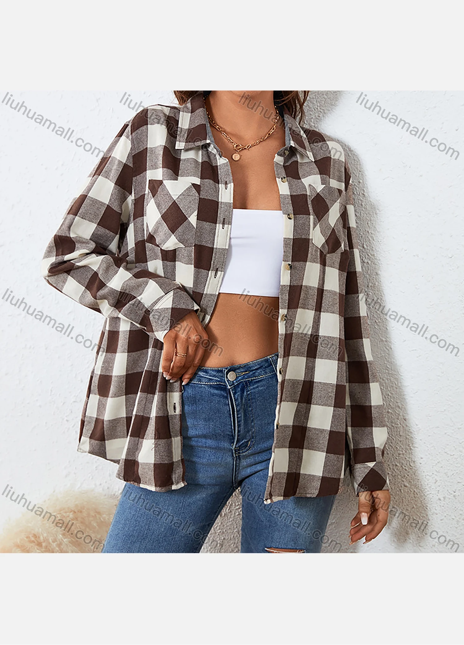 Wholesale Women's Fashion Plaid Flannel Long Sleeve Collared Button Down Patch Pocket Shirts - Liuhuamall