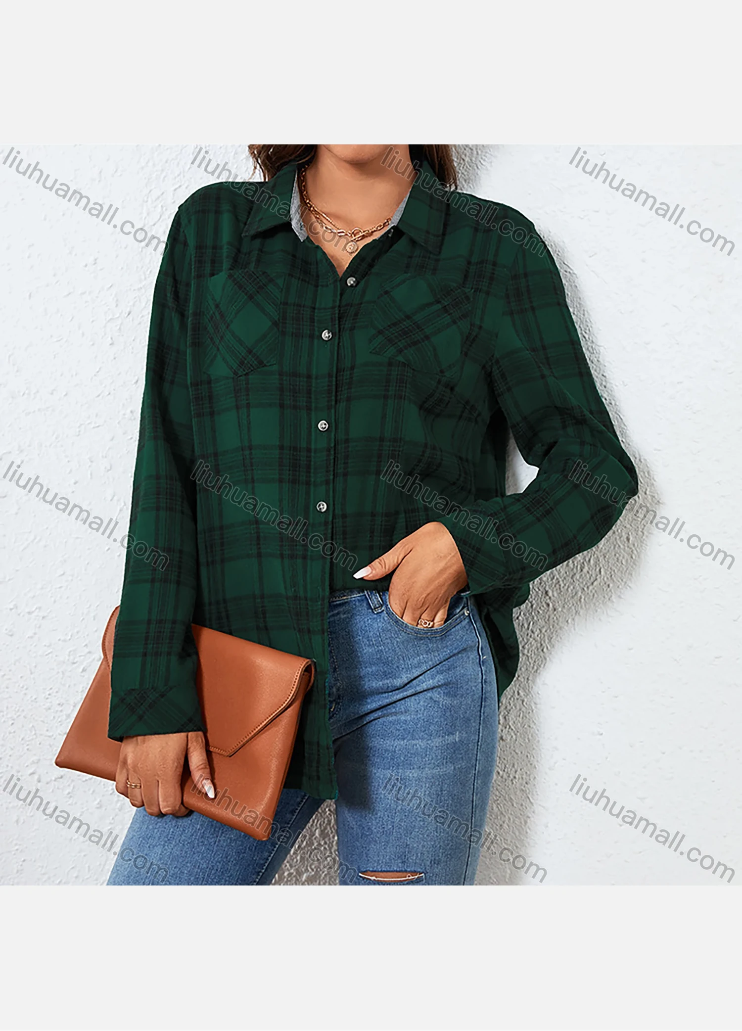Wholesale Women's Fashion Plaid Flannel Long Sleeve Collared Button Down Patch Pocket Shirts - Liuhuamall