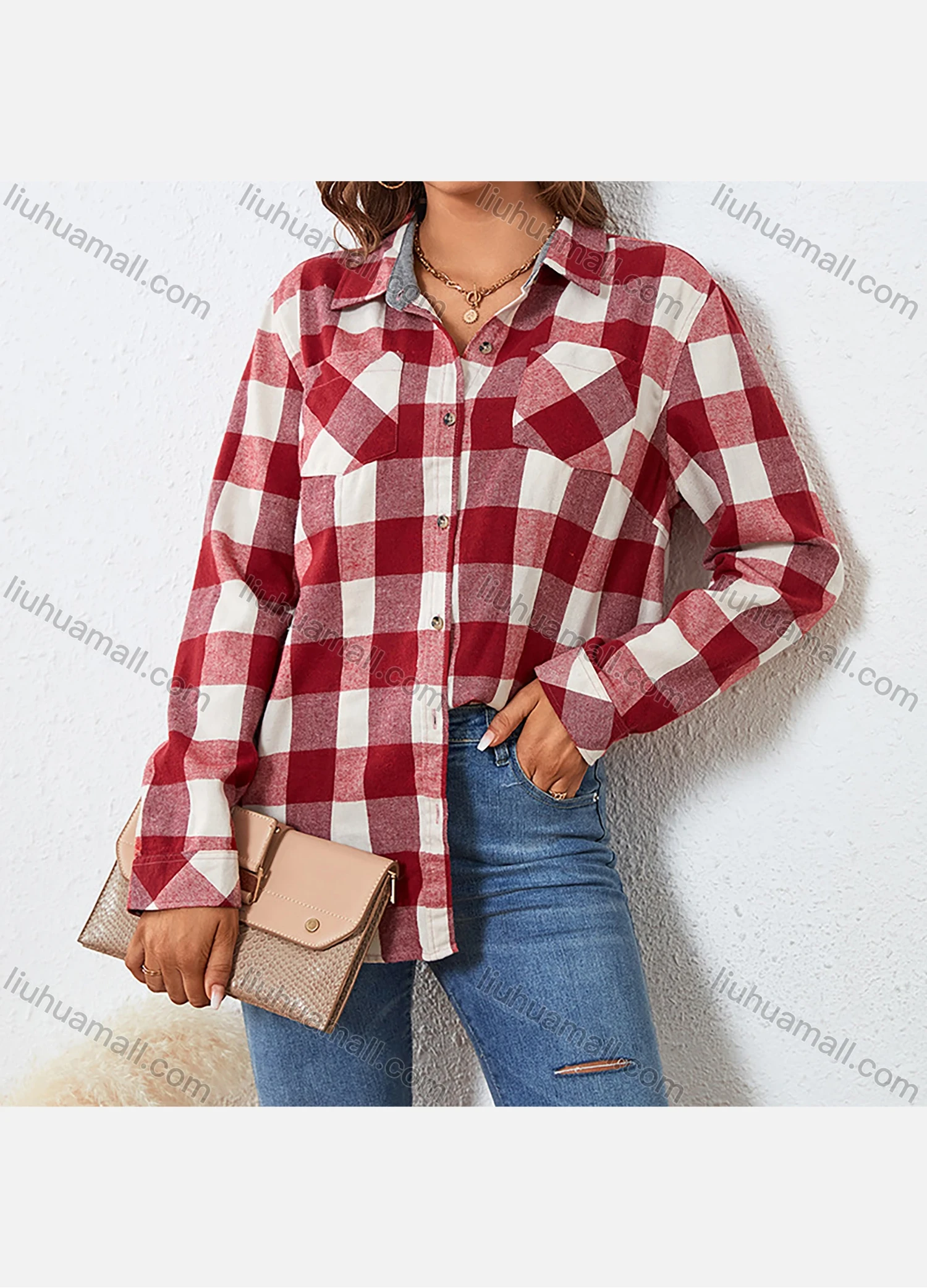 Wholesale Women's Fashion Plaid Flannel Long Sleeve Collared Button Down Patch Pocket Shirts - Liuhuamall