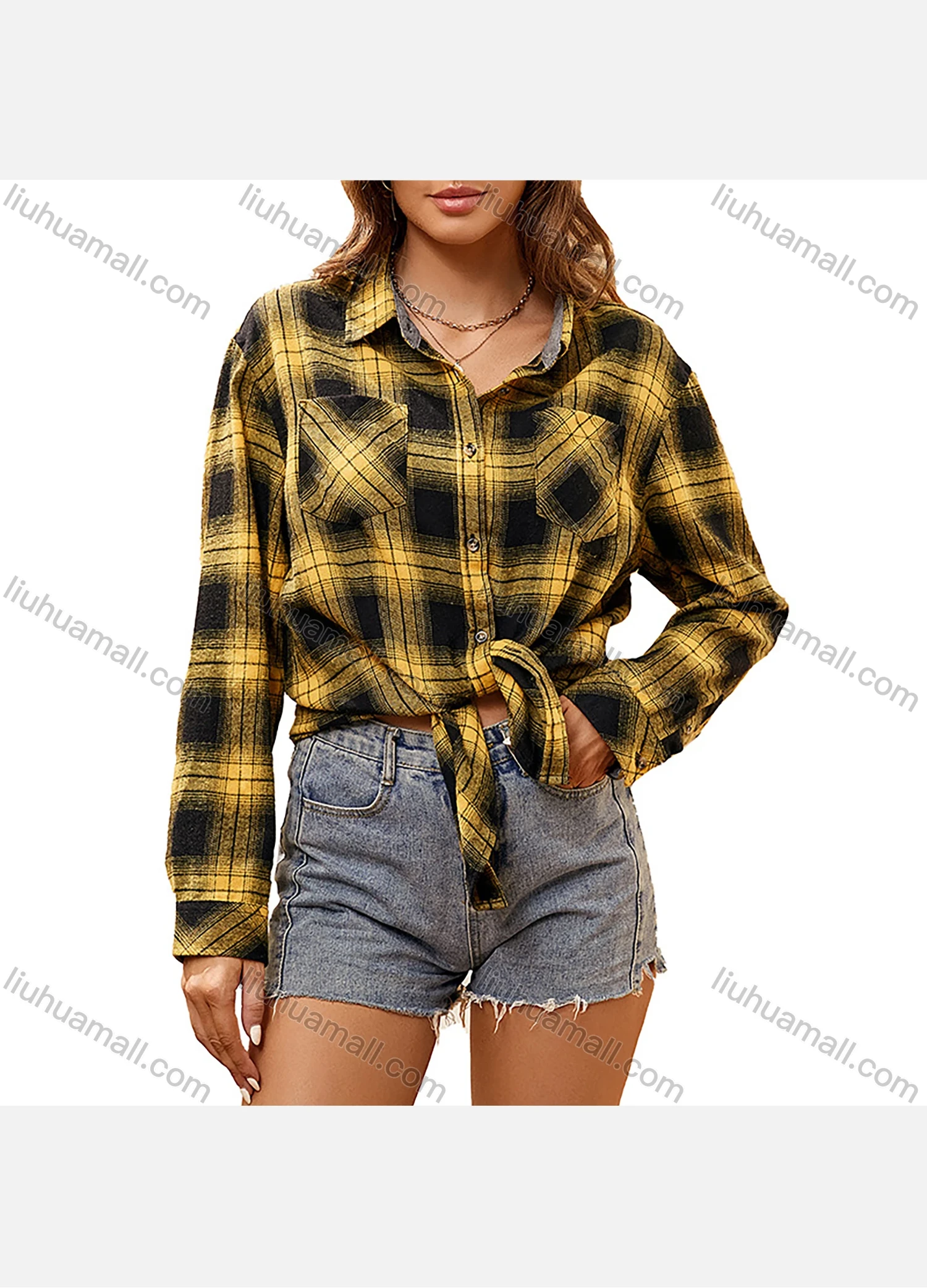 Wholesale Women's Fashion Plaid Flannel Long Sleeve Collared Button Down Patch Pocket Shirts - Liuhuamall