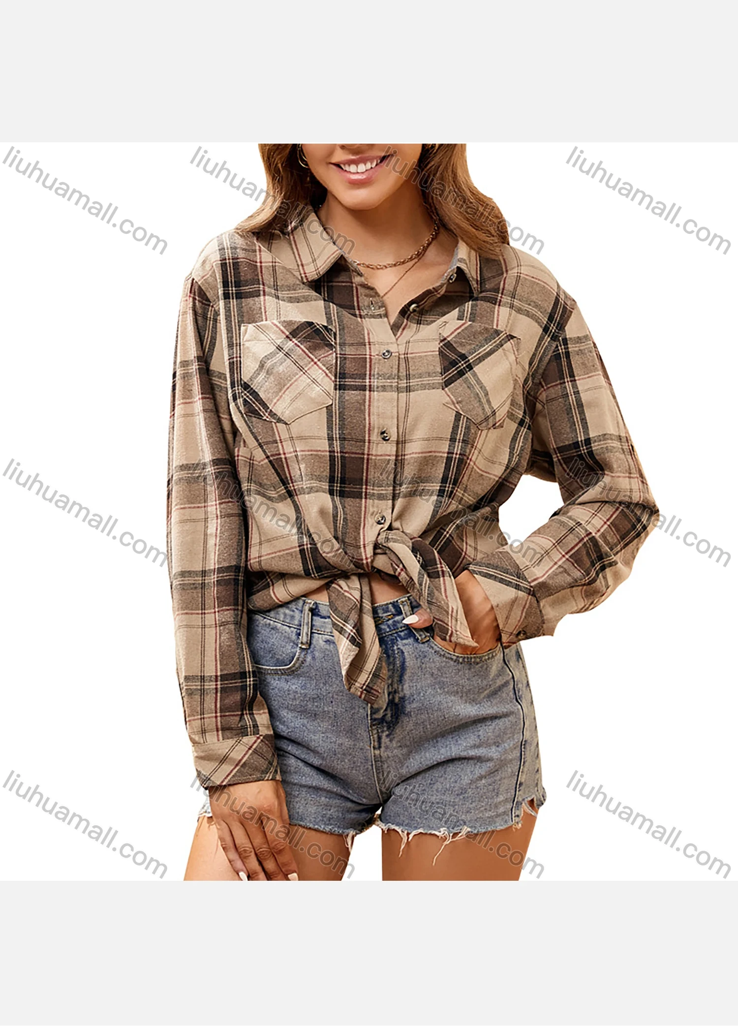 Wholesale Women's Fashion Plaid Flannel Long Sleeve Collared Button Down Patch Pocket Shirts - Liuhuamall