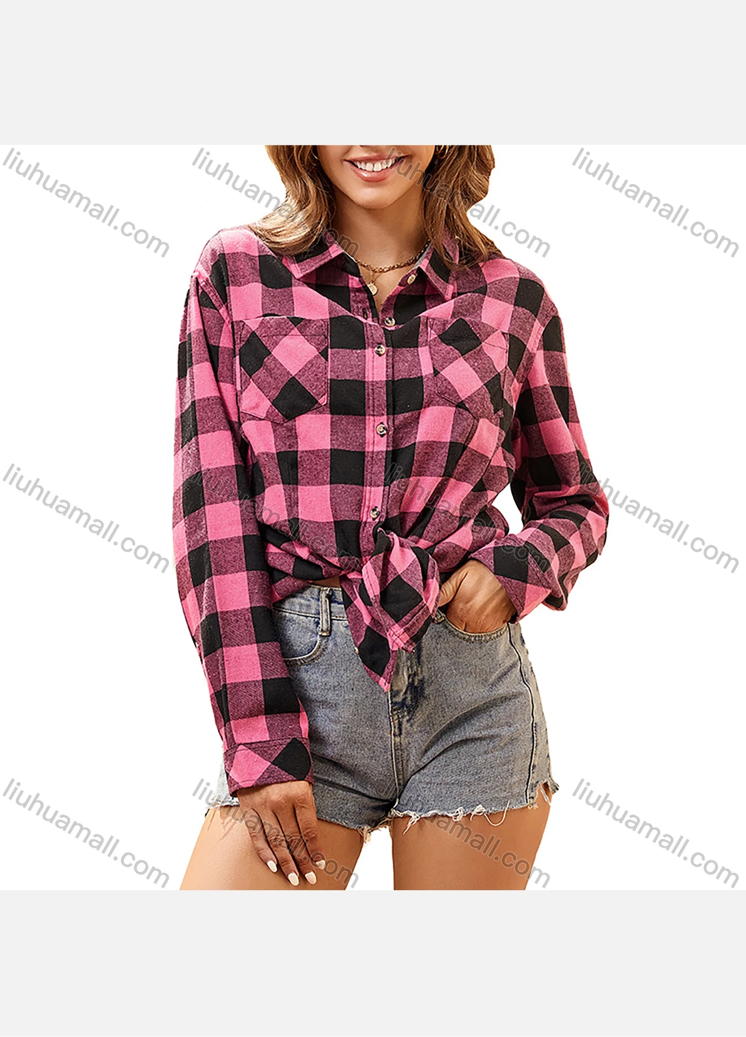 Wholesale Women's Fashion Plaid Flannel Long Sleeve Collared Button Down Patch Pocket Shirts - Liuhuamall
