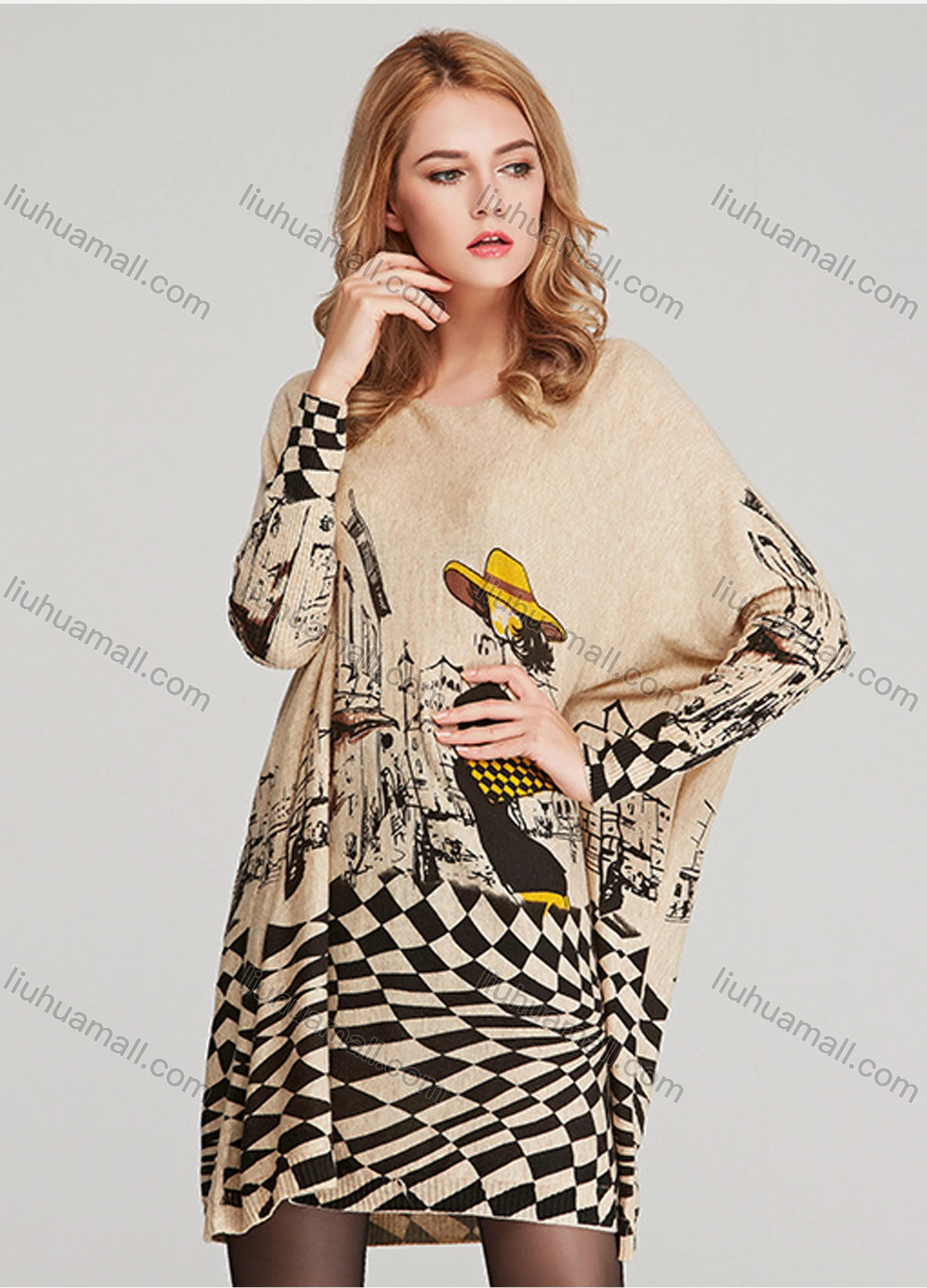 Wholesale Women's Casual Crew Neck Long Sleeve Checkerboard Print Loose Fit Shirt - Liuhuamall