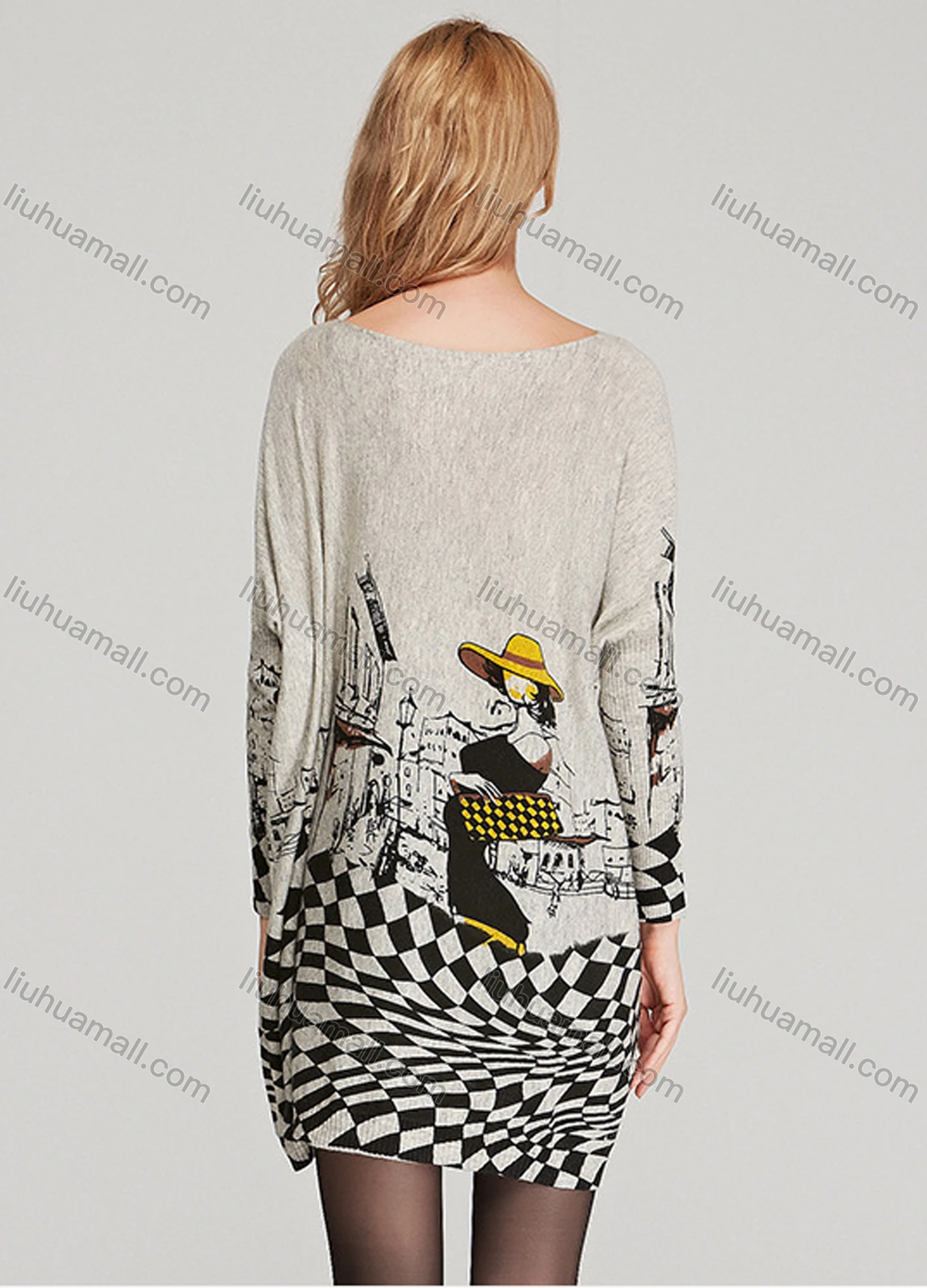 Wholesale Women's Casual Crew Neck Long Sleeve Checkerboard Print Loose Fit Shirt - Liuhuamall