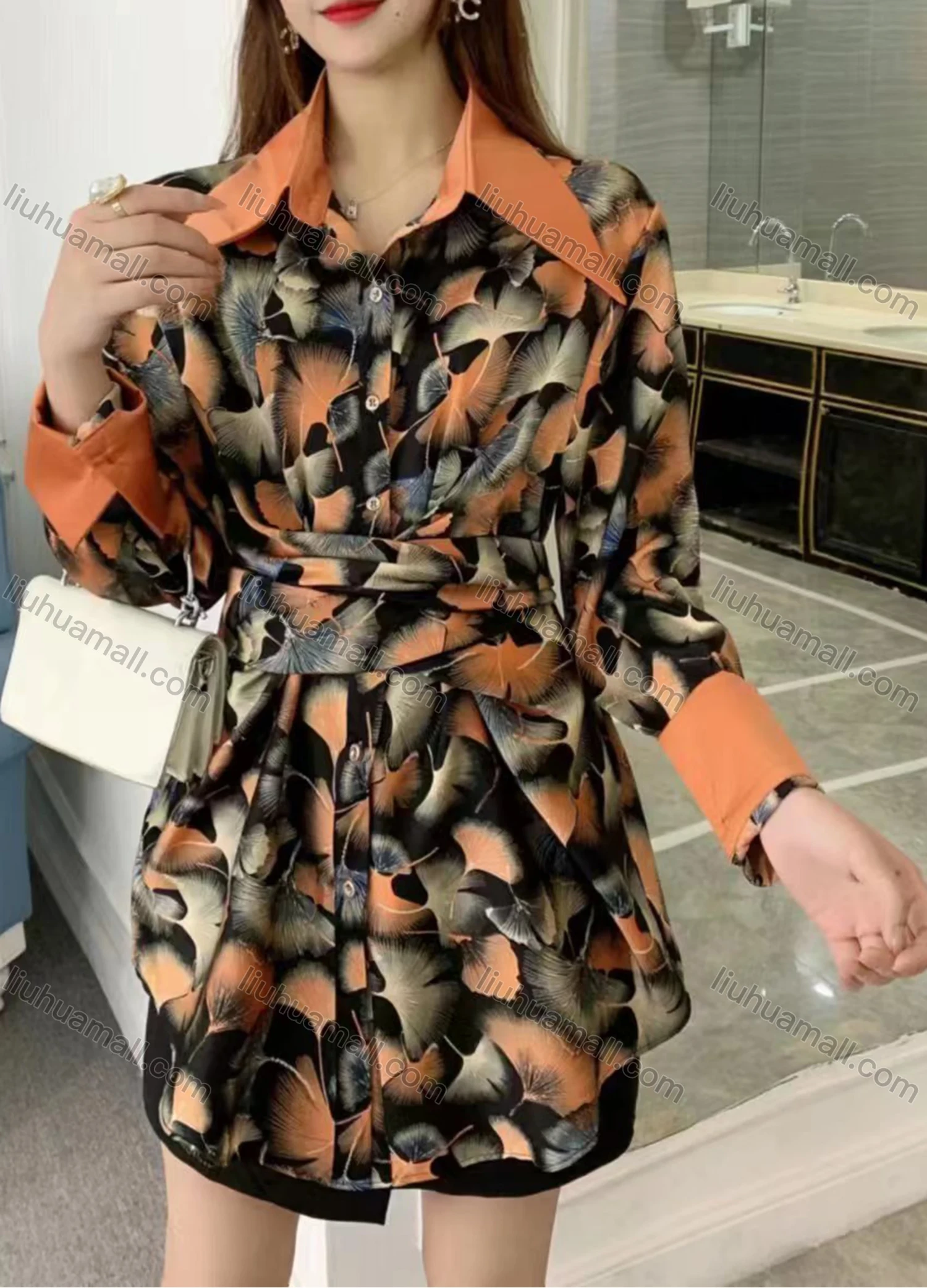 Wholesale Women's Fashion Collared Tunic Twist Long Sleeve Short Shirt Dress - Liuhuamall