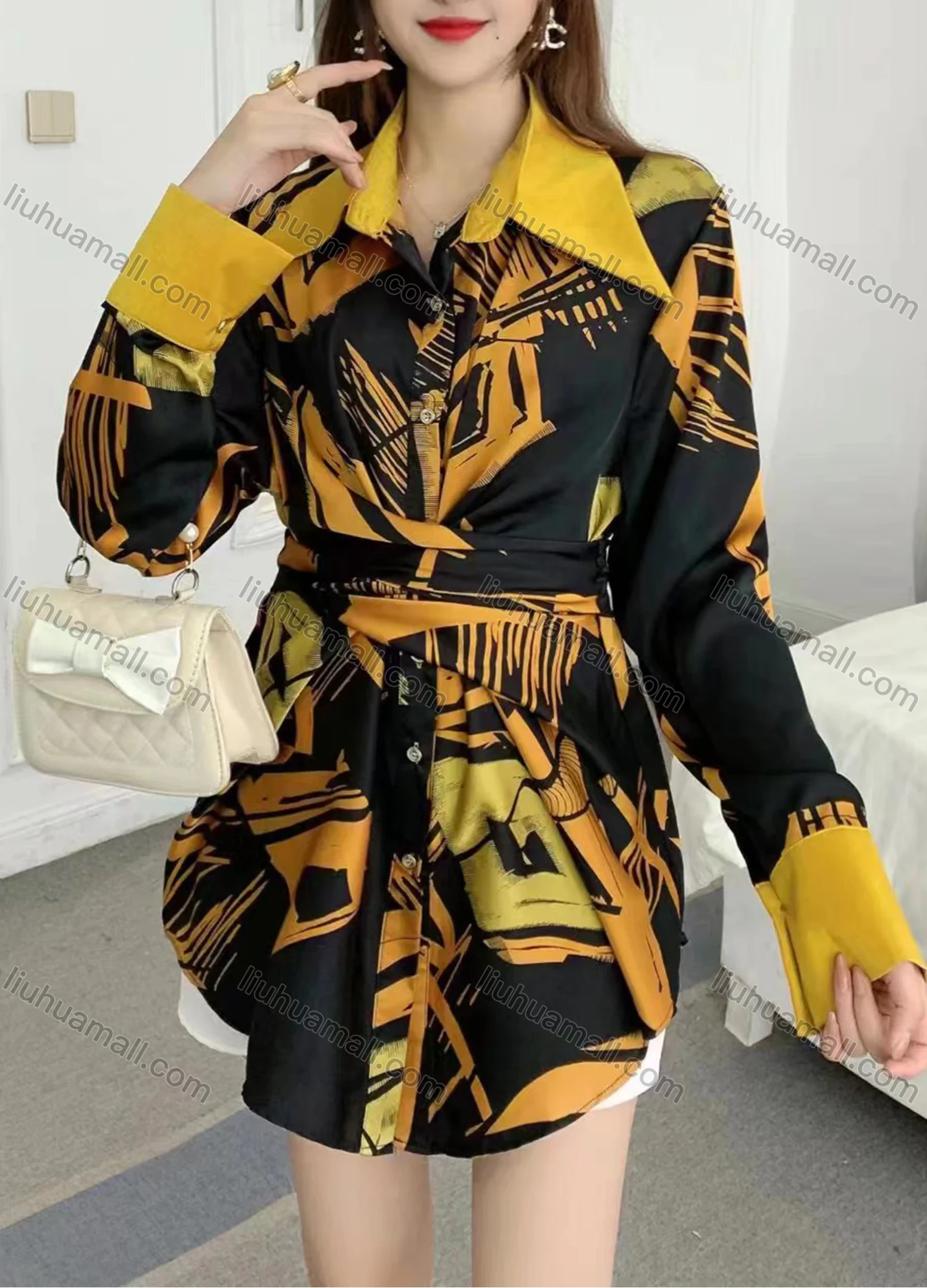 Wholesale Women's Fashion Collared Tunic Twist Long Sleeve Short Shirt Dress - Liuhuamall