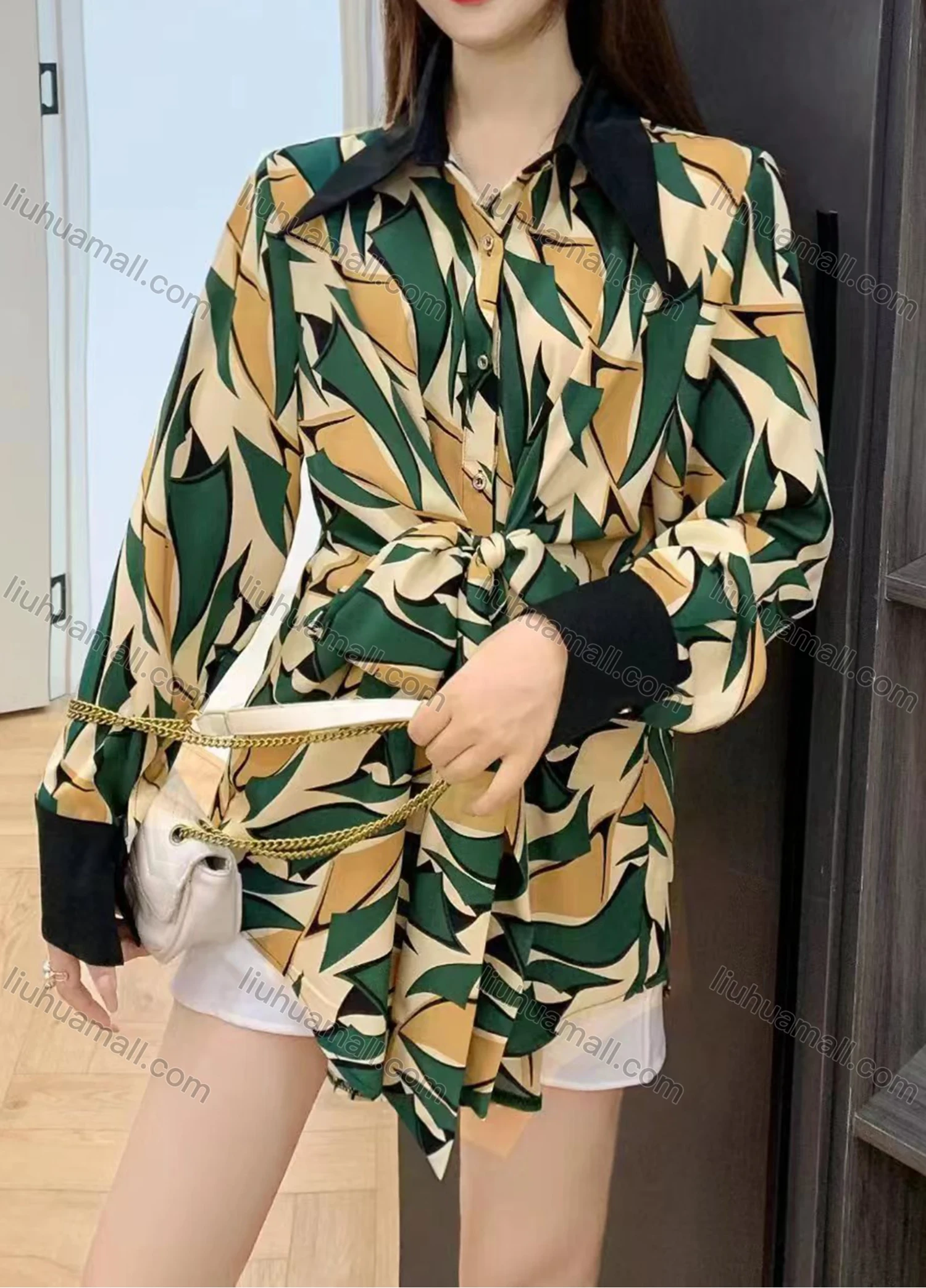 Wholesale Women's Fashion Collared Tunic Twist Long Sleeve Short Shirt Dress - Liuhuamall