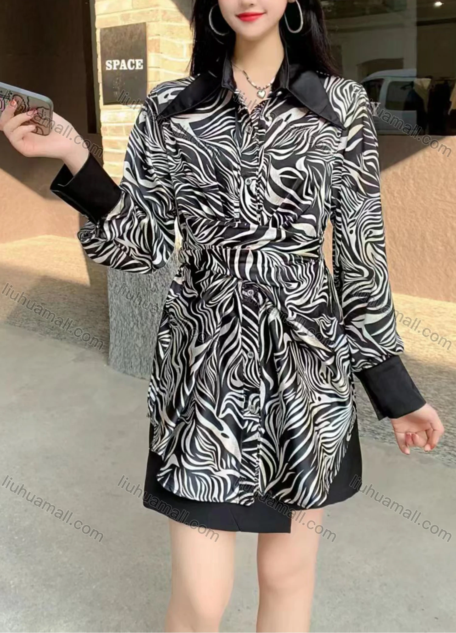 Wholesale Women's Fashion Collared Tunic Twist Long Sleeve Short Shirt Dress - Liuhuamall