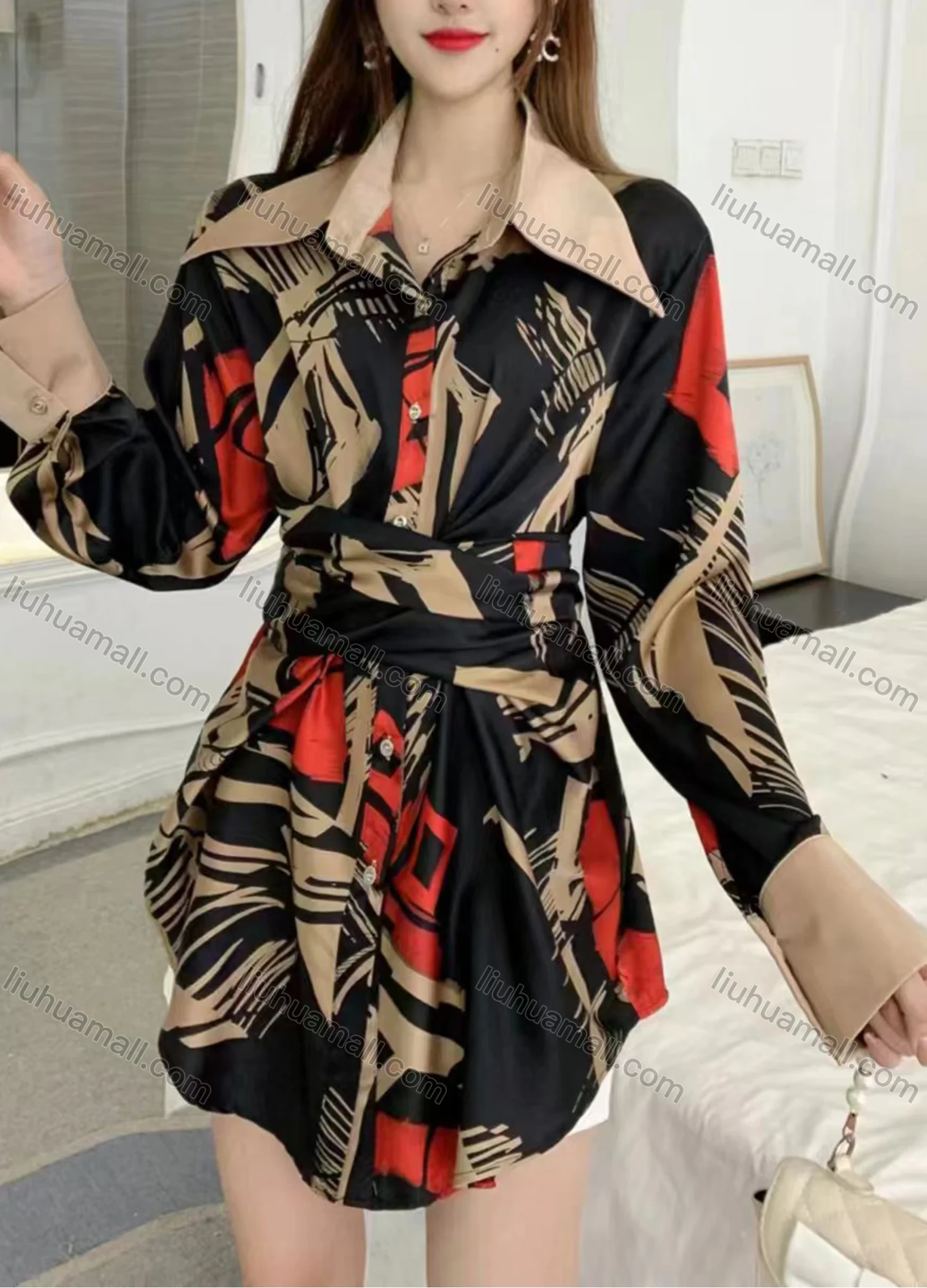 Wholesale Women's Fashion Collared Tunic Twist Long Sleeve Short Shirt Dress - Liuhuamall