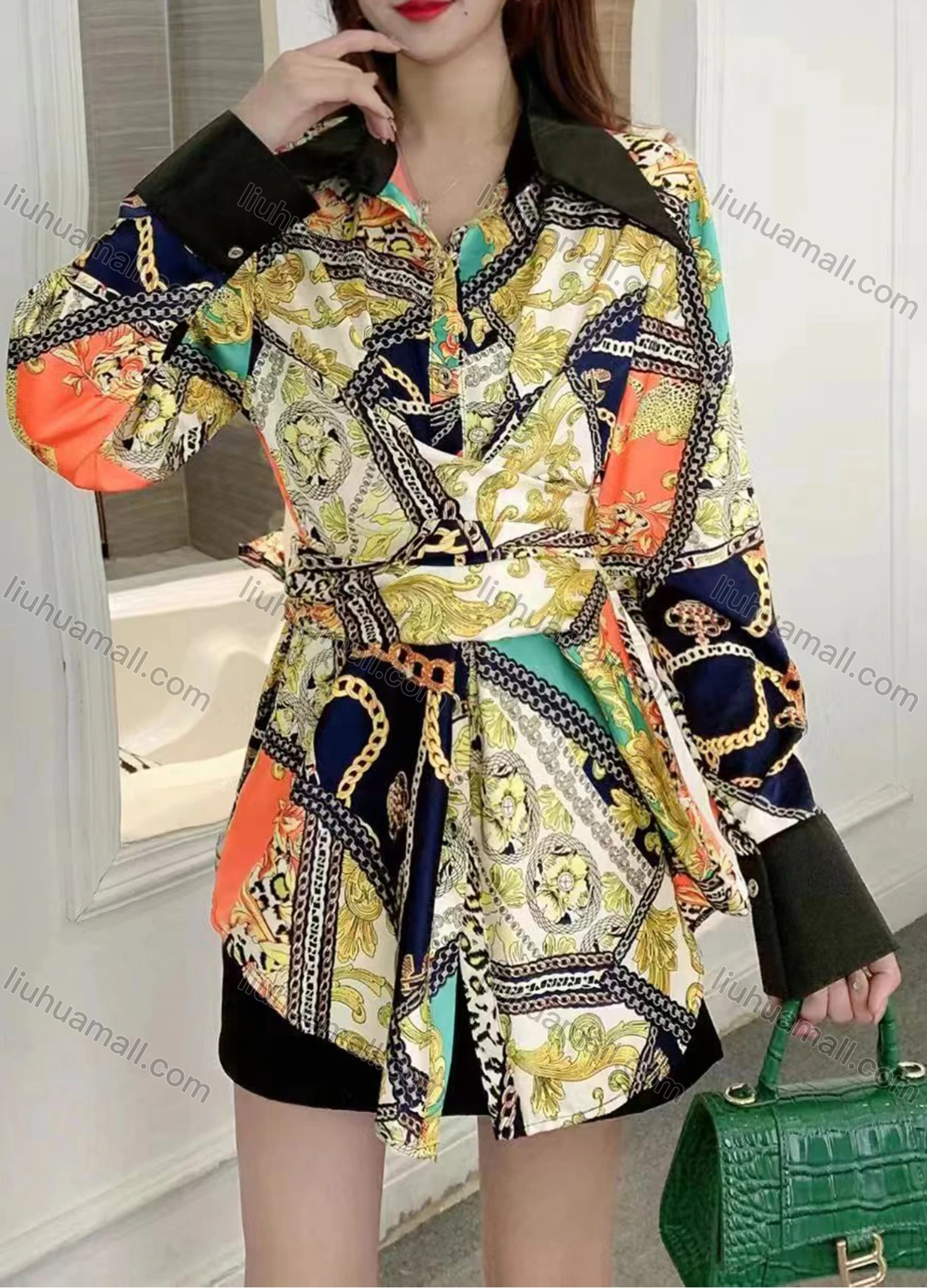 Wholesale Women's Fashion Collared Tunic Twist Long Sleeve Short Shirt Dress - Liuhuamall