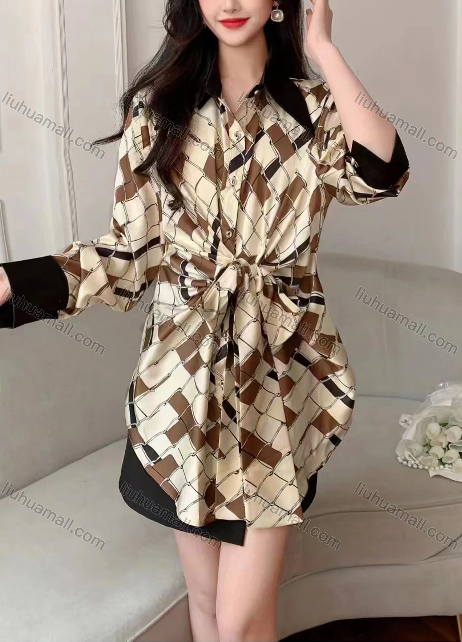 Wholesale Women's Fashion Collared Tunic Twist Long Sleeve Short Shirt Dress - Liuhuamall