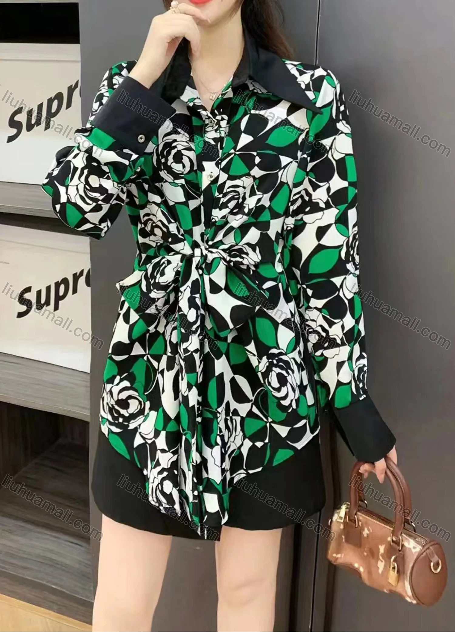 Wholesale Women's Fashion Collared Tunic Twist Long Sleeve Short Shirt Dress - Liuhuamall