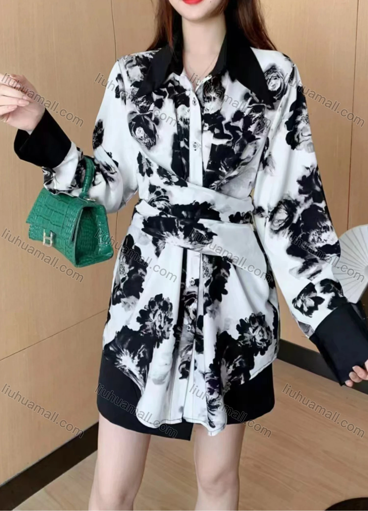 Wholesale Women's Fashion Collared Tunic Twist Long Sleeve Short Shirt Dress - Liuhuamall