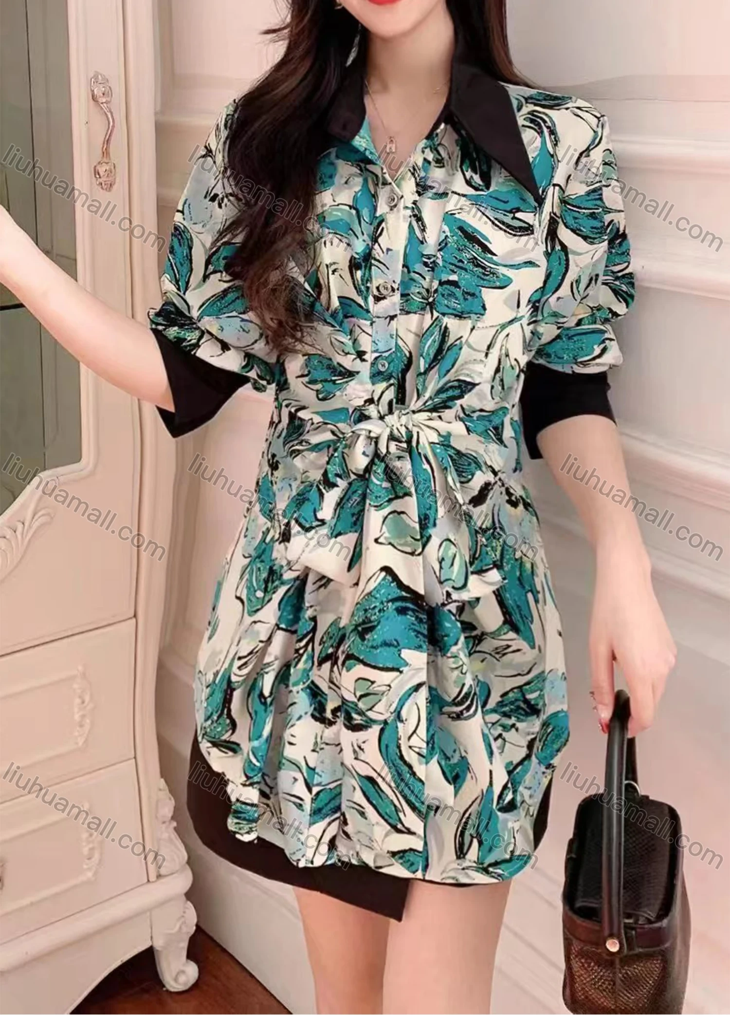 Wholesale Women's Fashion Collared Tunic Twist Long Sleeve Short Shirt Dress - Liuhuamall
