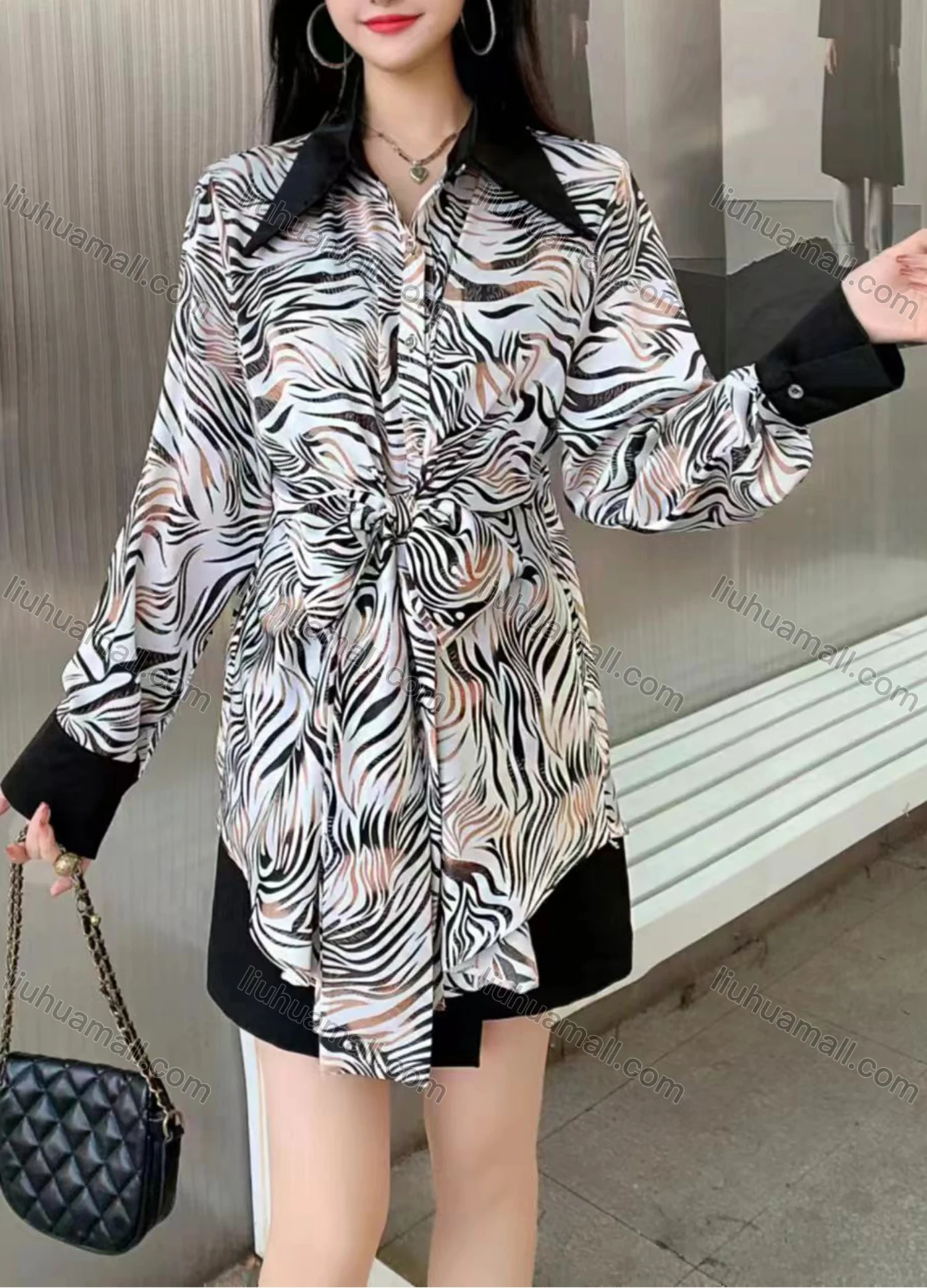 Wholesale Women's Fashion Collared Tunic Twist Long Sleeve Short Shirt Dress - Liuhuamall