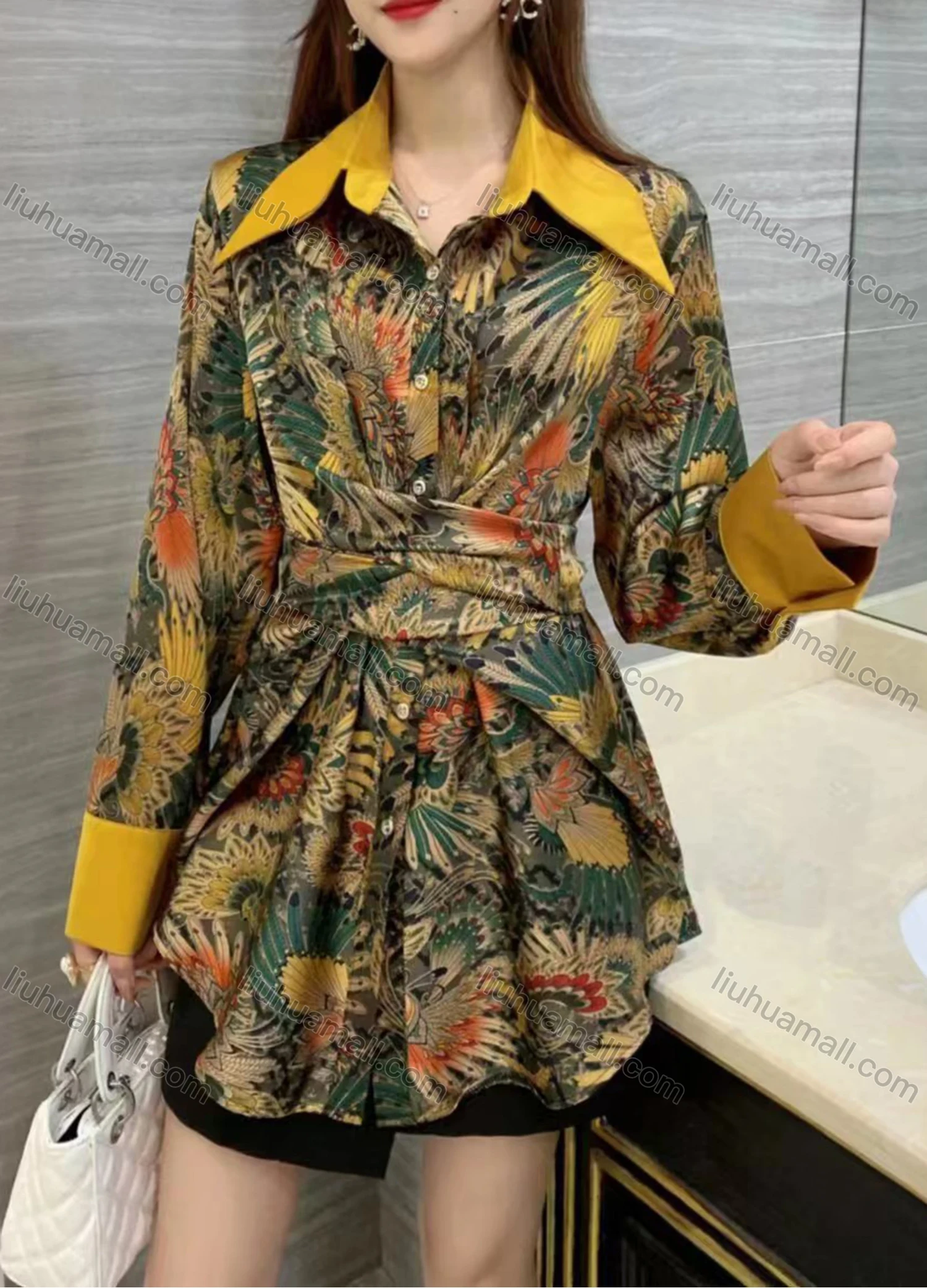 Wholesale Women's Fashion Collared Tunic Twist Long Sleeve Short Shirt Dress - Liuhuamall