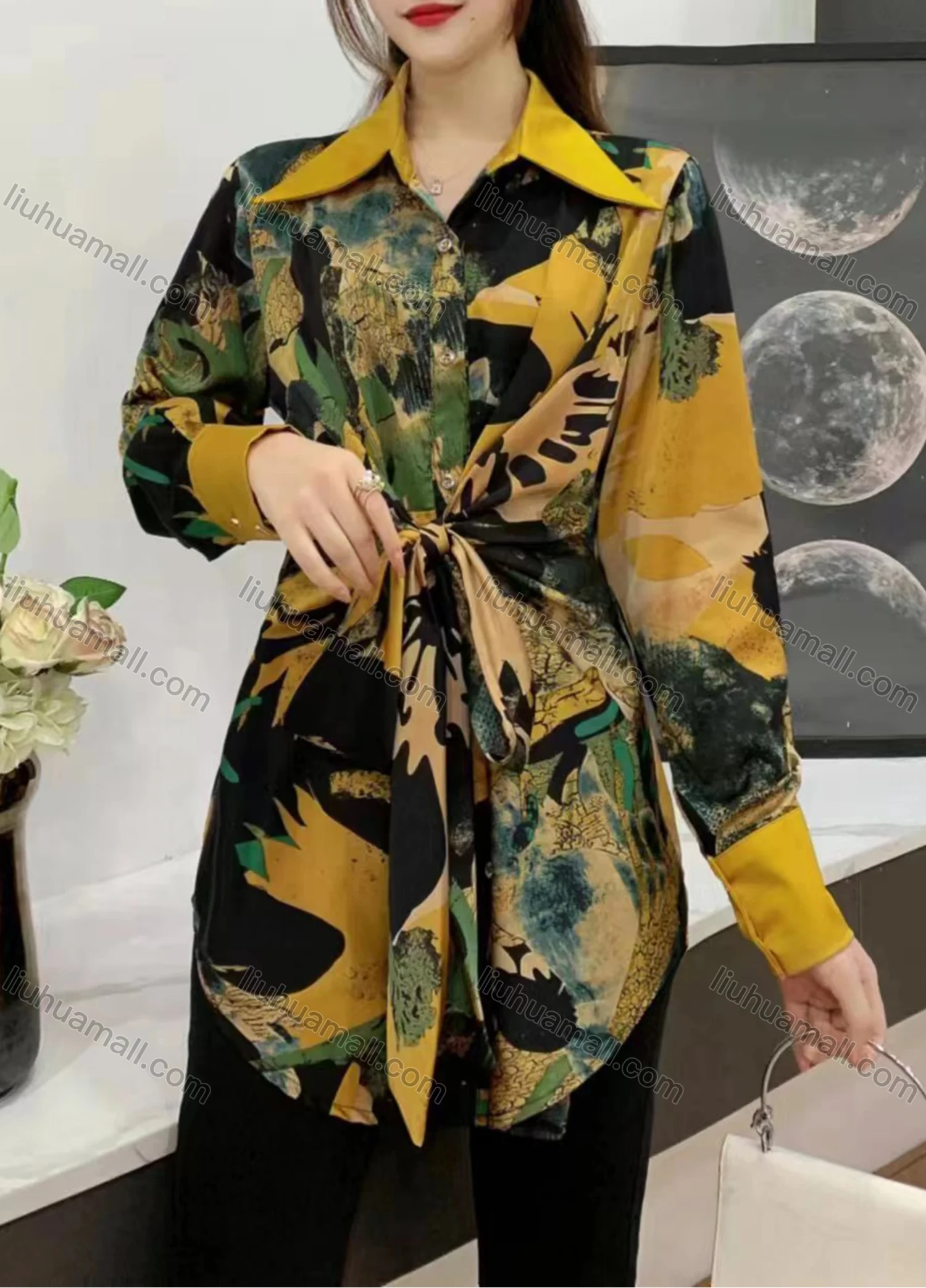 Wholesale Women's Fashion Collared Tunic Twist Long Sleeve Short Shirt Dress - Liuhuamall