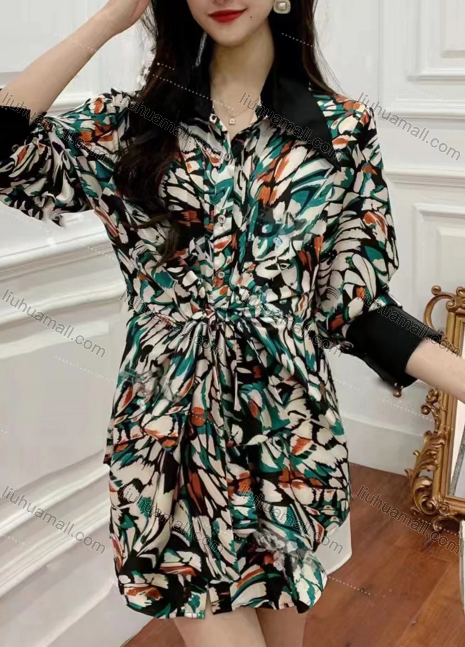 Wholesale Women's Fashion Collared Tunic Twist Long Sleeve Short Shirt Dress - Liuhuamall