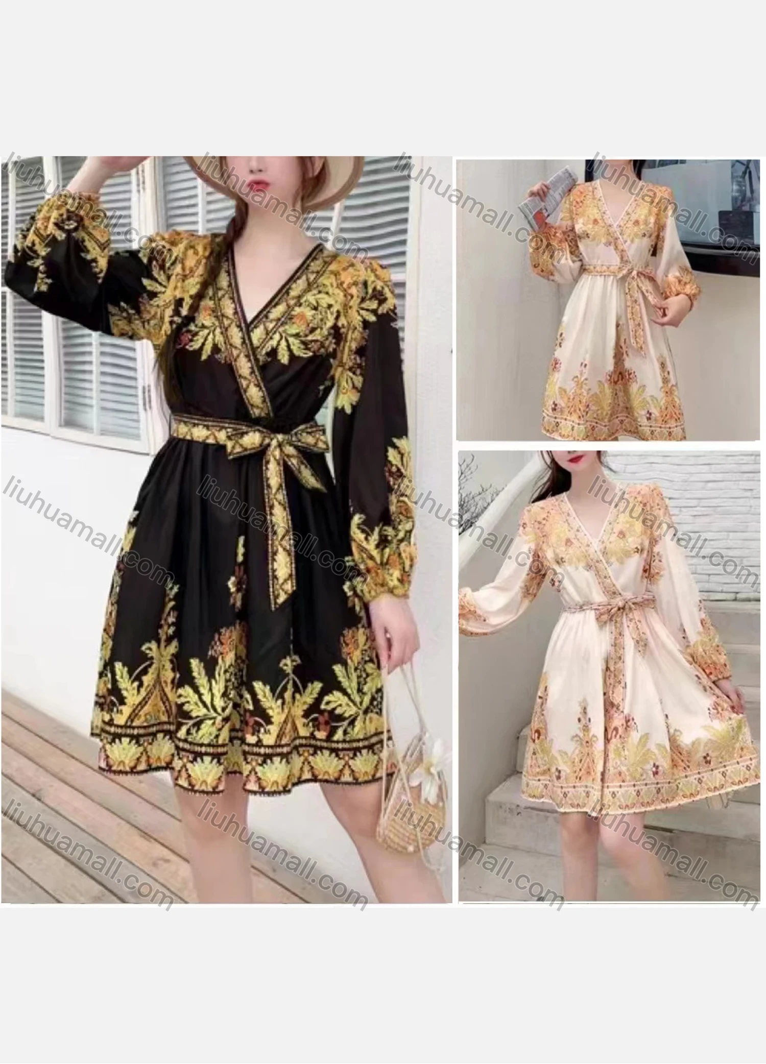 Wholesale Women's Casual V Neck FloralPrint High Waist Long Sleeve Short Wrap Dress - Liuhuamall