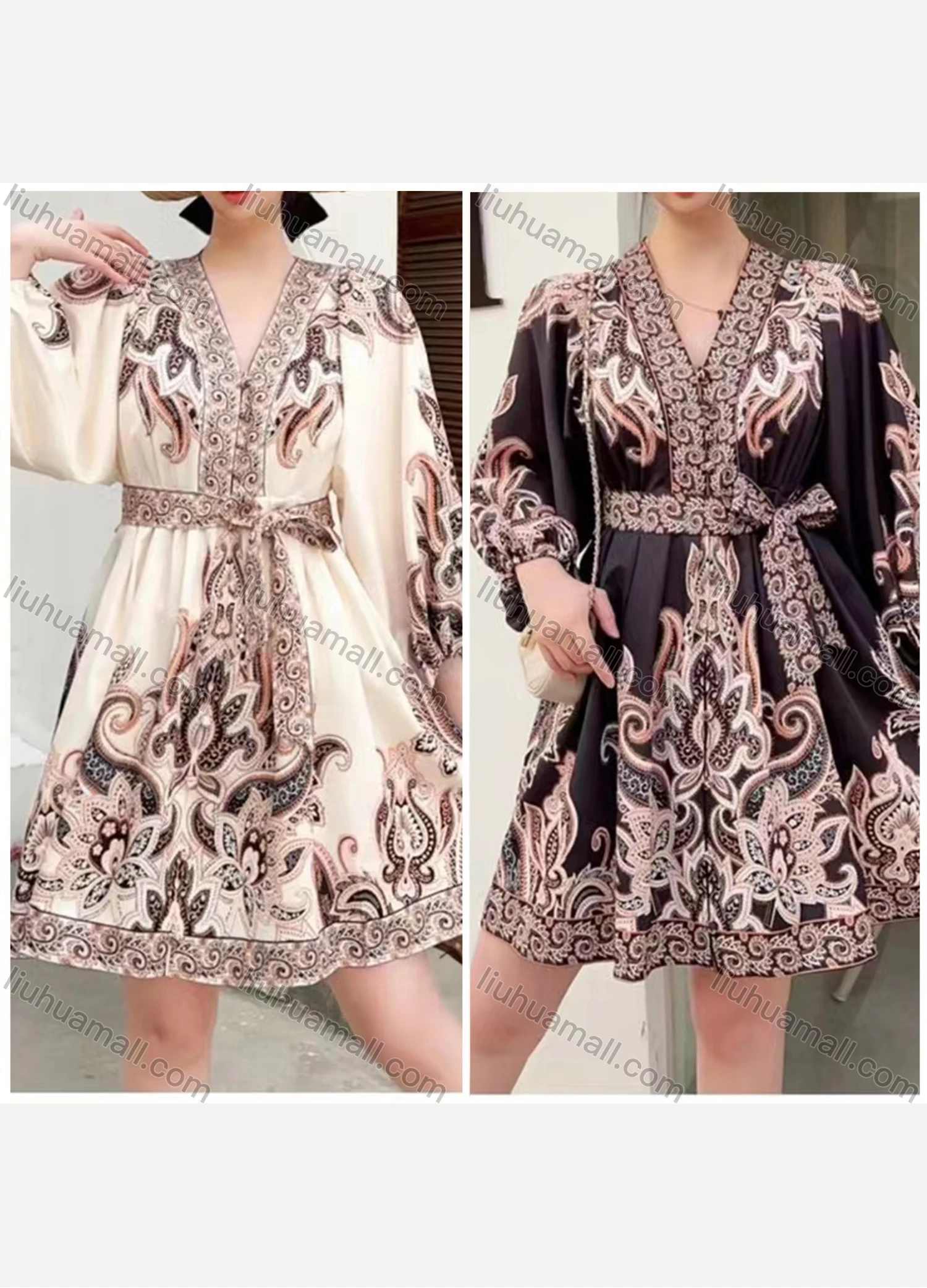 Wholesale Women's Elegant V Neck Paisley Print High Waist Long Sleeve Short Dress - Liuhuamall
