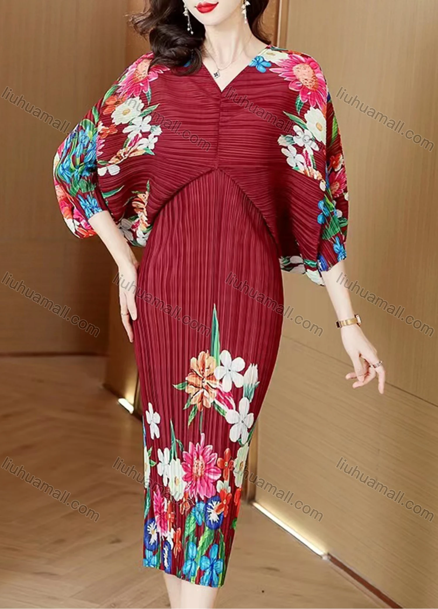 Wholesale Women's Elegant V Neck Floral Print High Waist 3/4 Sleeve Pleated Midi Dress - Liuhuamall