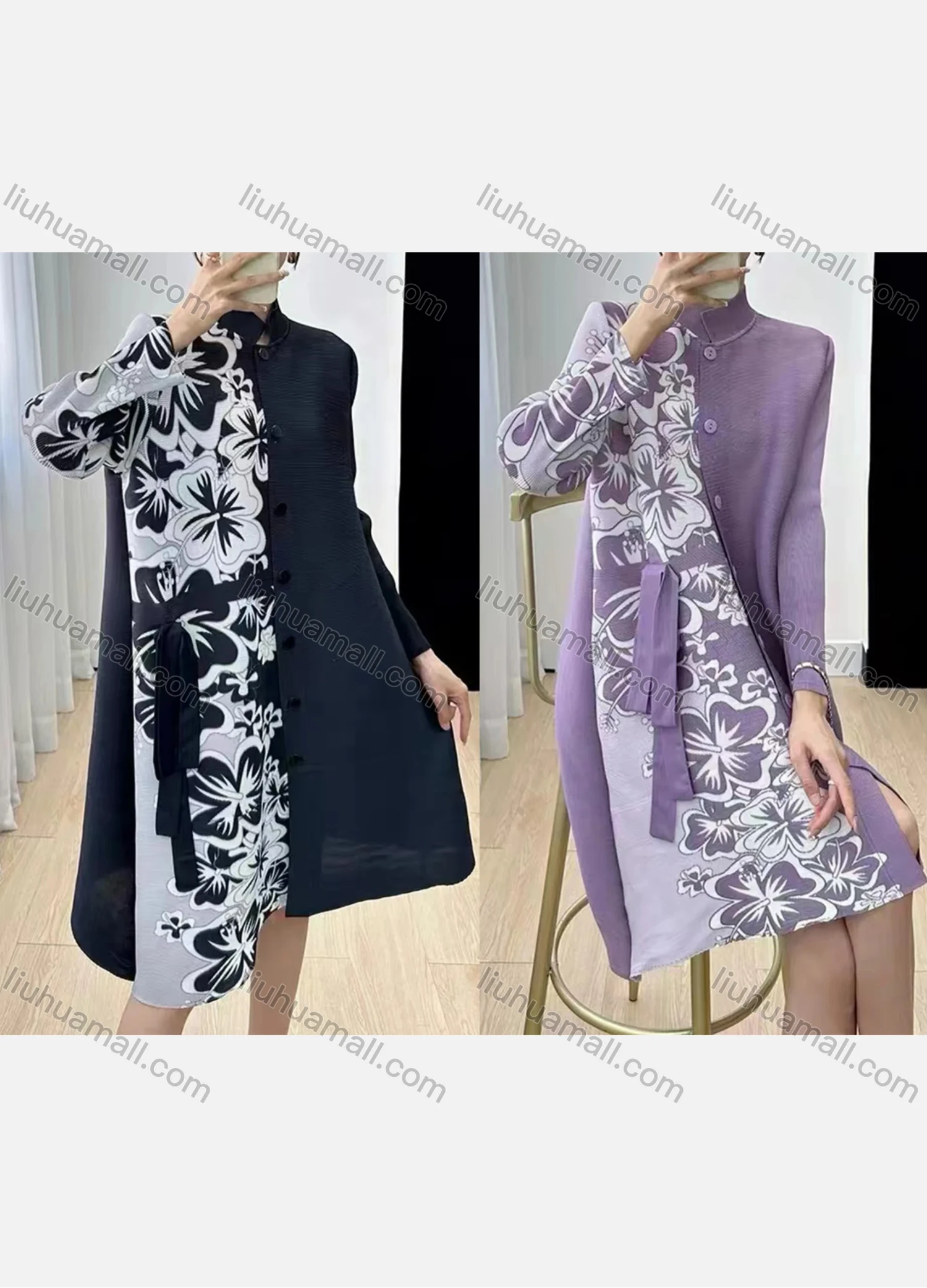 Wholesale Women's Casual Stand Collar Splicing Floral Print Long Sleeve Short Shirt Dress - Liuhuamall