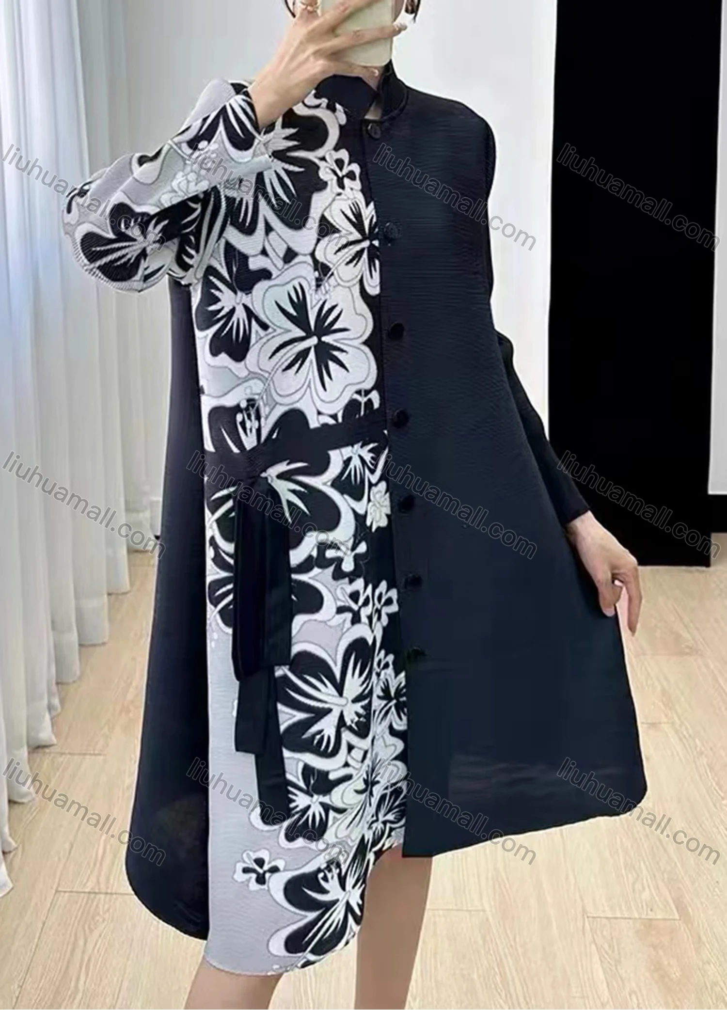 Wholesale Women's Casual Stand Collar Splicing Floral Print Long Sleeve Short Shirt Dress - Liuhuamall