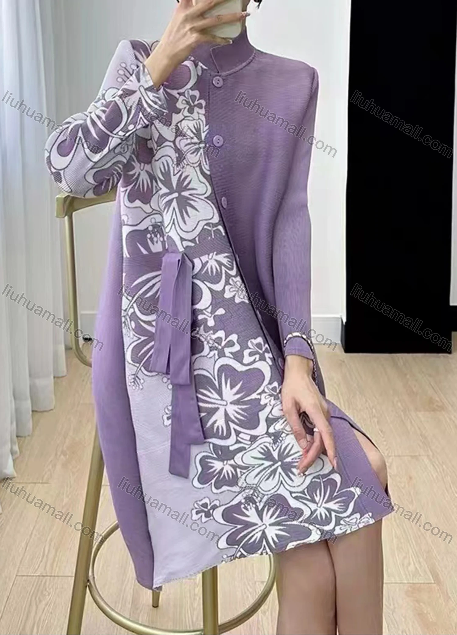 Wholesale Women's Casual Stand Collar Splicing Floral Print Long Sleeve Short Shirt Dress - Liuhuamall