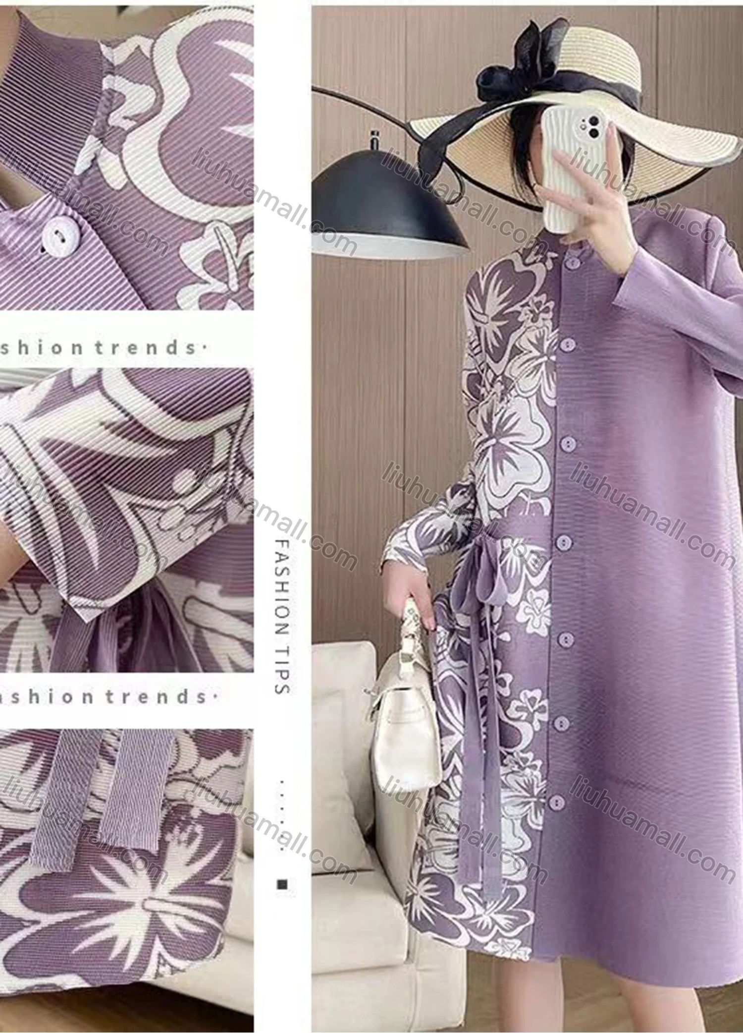Wholesale Women's Casual Stand Collar Splicing Floral Print Long Sleeve Short Shirt Dress - Liuhuamall