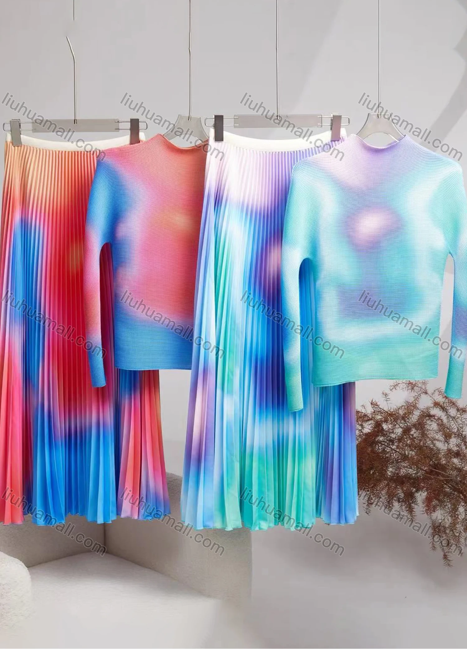 Wholesale Women's Casual Tie Dye Print Long Sleeve Maxi Pleated Skirt 2 Piece Set - Liuhuamall