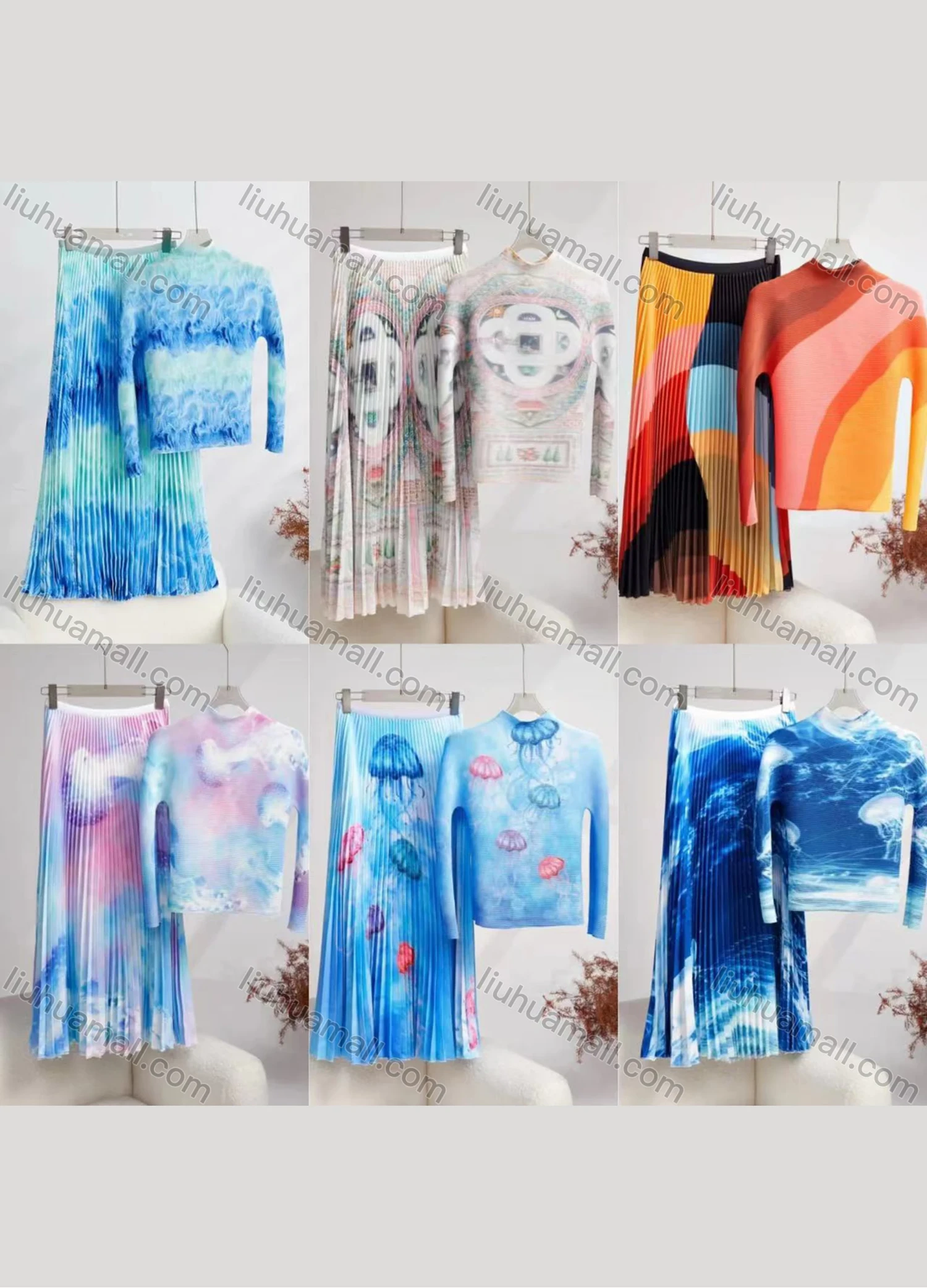 Wholesale Women's Casual Mock Neck Long Sleeve Maxi Pleated Skirt 2 Piece Set - Liuhuamall