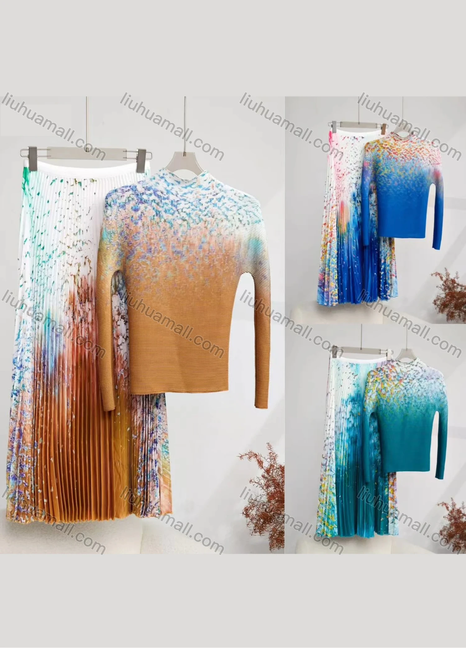 Wholesale Women's Casual Ink Splash Print Ruffle Hem Long Sleeve Maxi Pleated Skirt 2 Piece Set - Liuhuamall