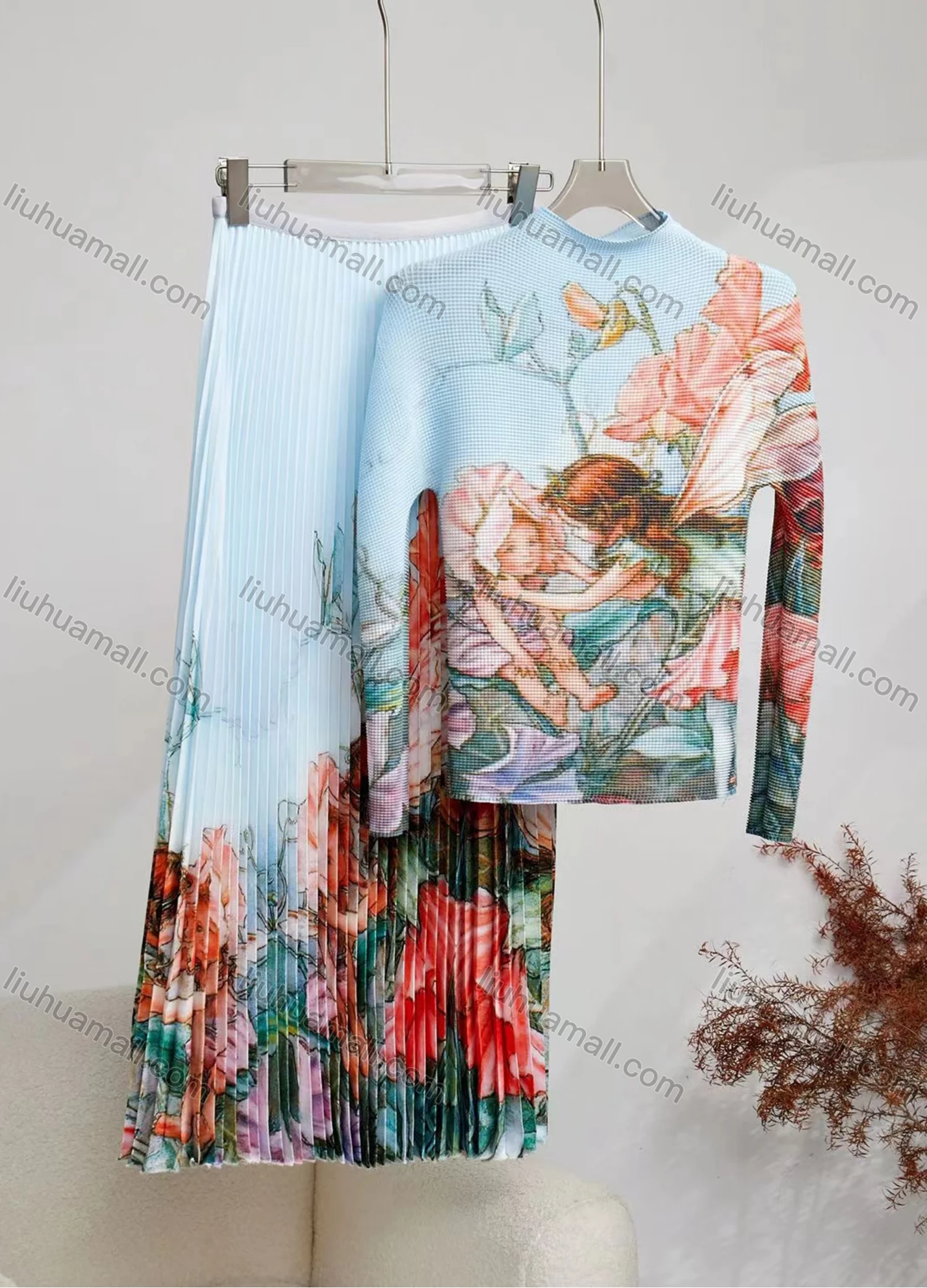 Wholesale Women's Casual Figure Graphic Print Long Sleeve Maxi Pleated Skirt 2 Piece Set - Liuhuamall