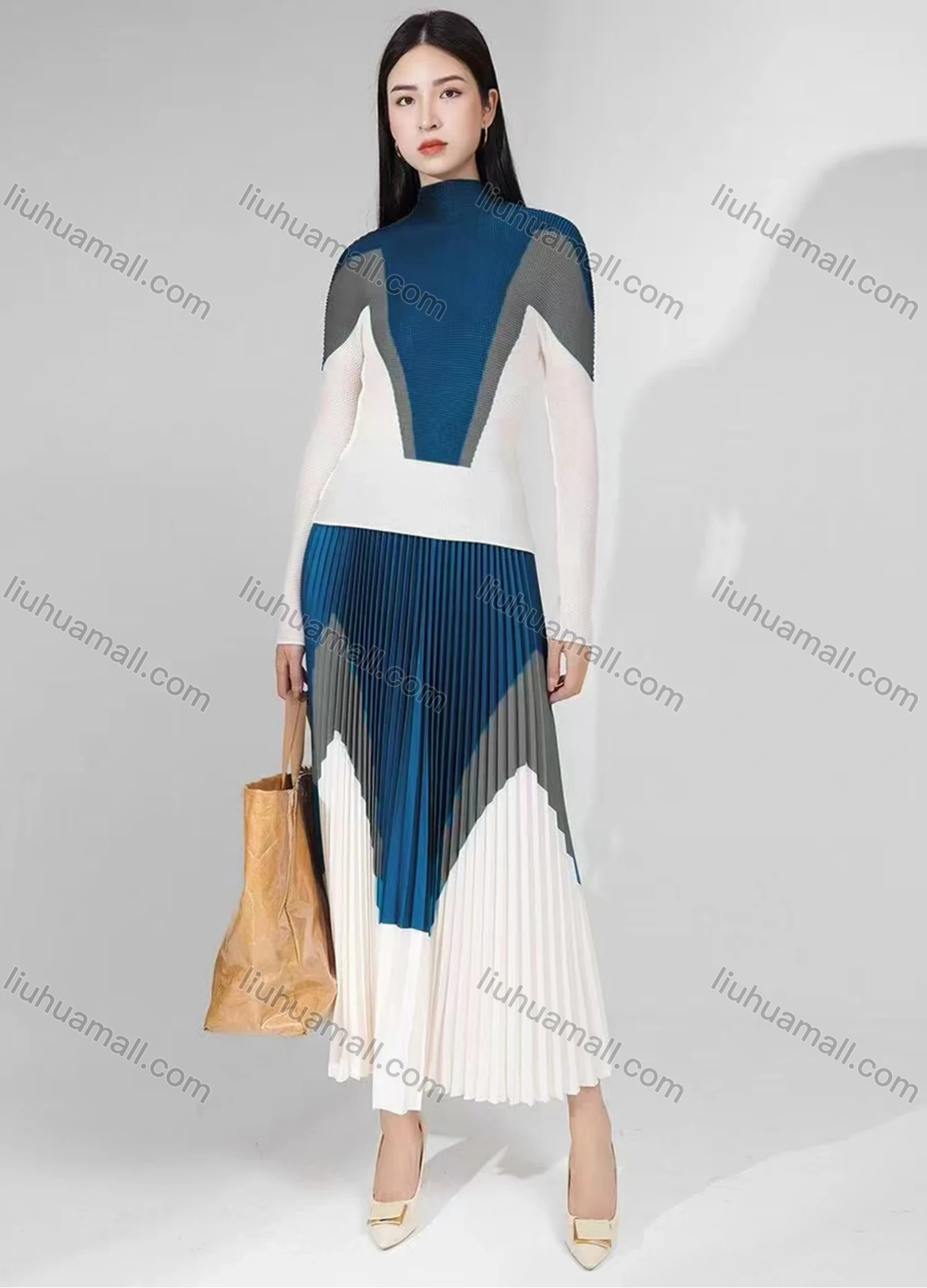 Wholesale Women's Fashion Colorblock Geometric Print Long Sleeve Maxi Pleated Skirt 2 Piece Set - Liuhuamall