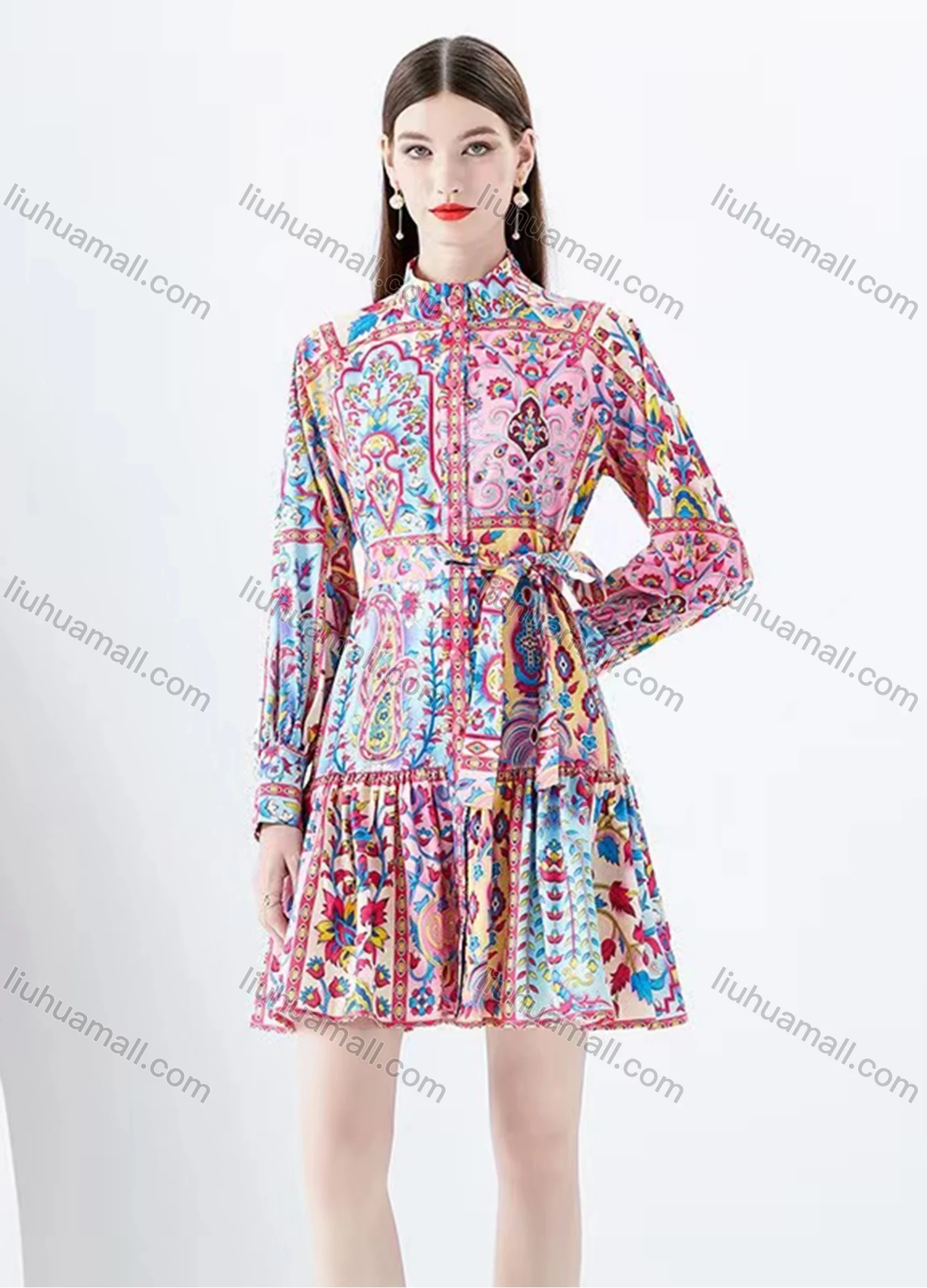 Wholesale Women's Casual Stand Collar High Waist Ruffle Hem Long Sleeve Short Shirt Dress - Liuhuamall