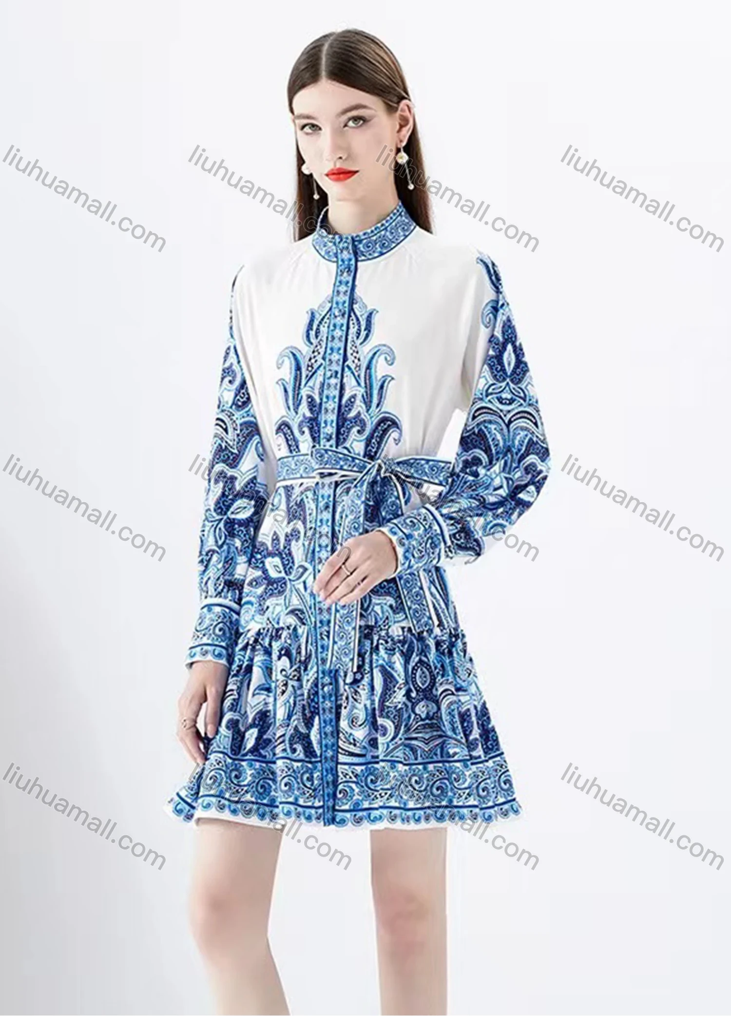 Wholesale Women's Casual Stand Collar High Waist Ruffle Hem Long Sleeve Short Shirt Dress - Liuhuamall