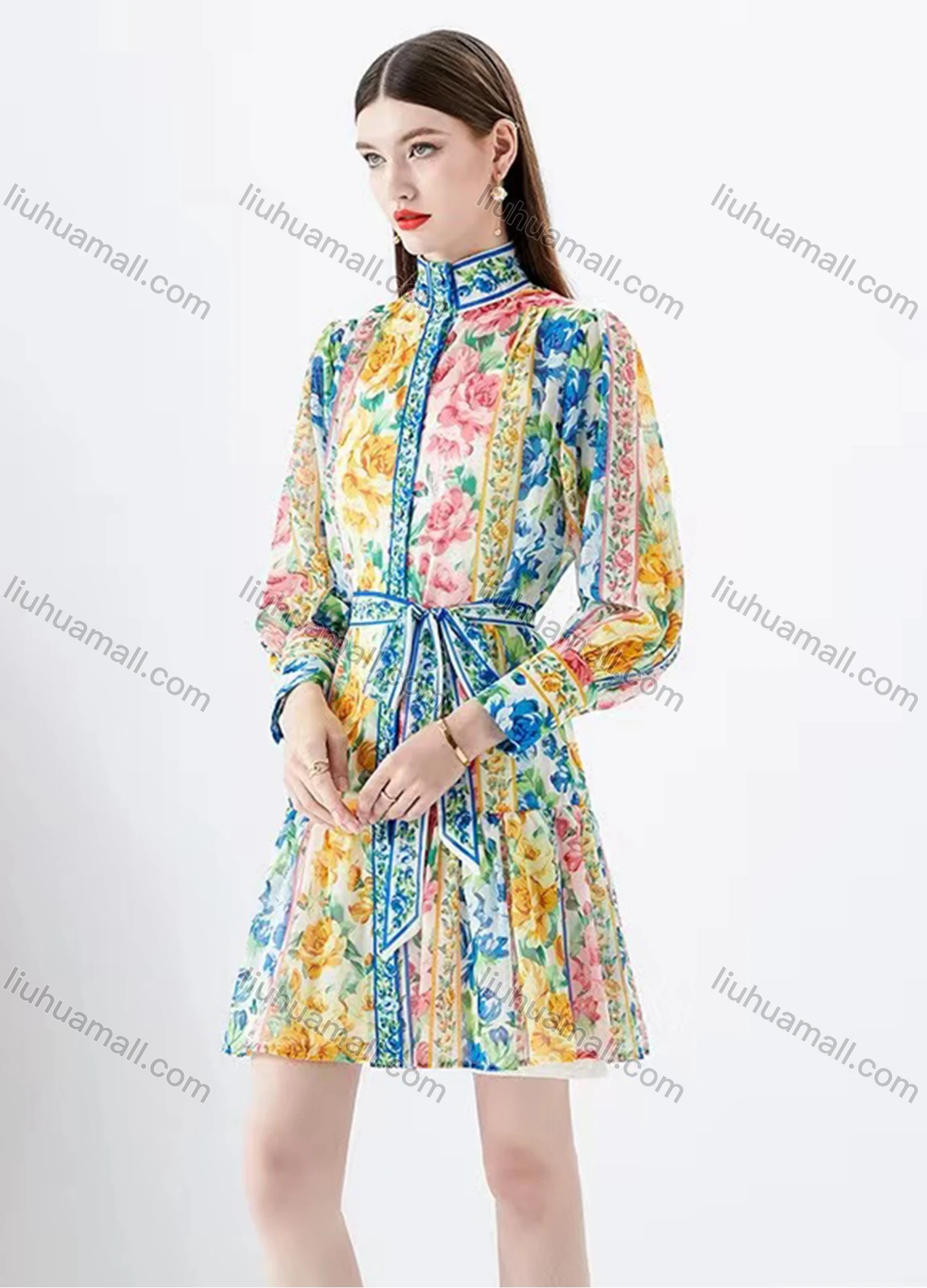Wholesale Women's Casual Stand Collar High Waist Ruffle Hem Long Sleeve Short Shirt Dress - Liuhuamall