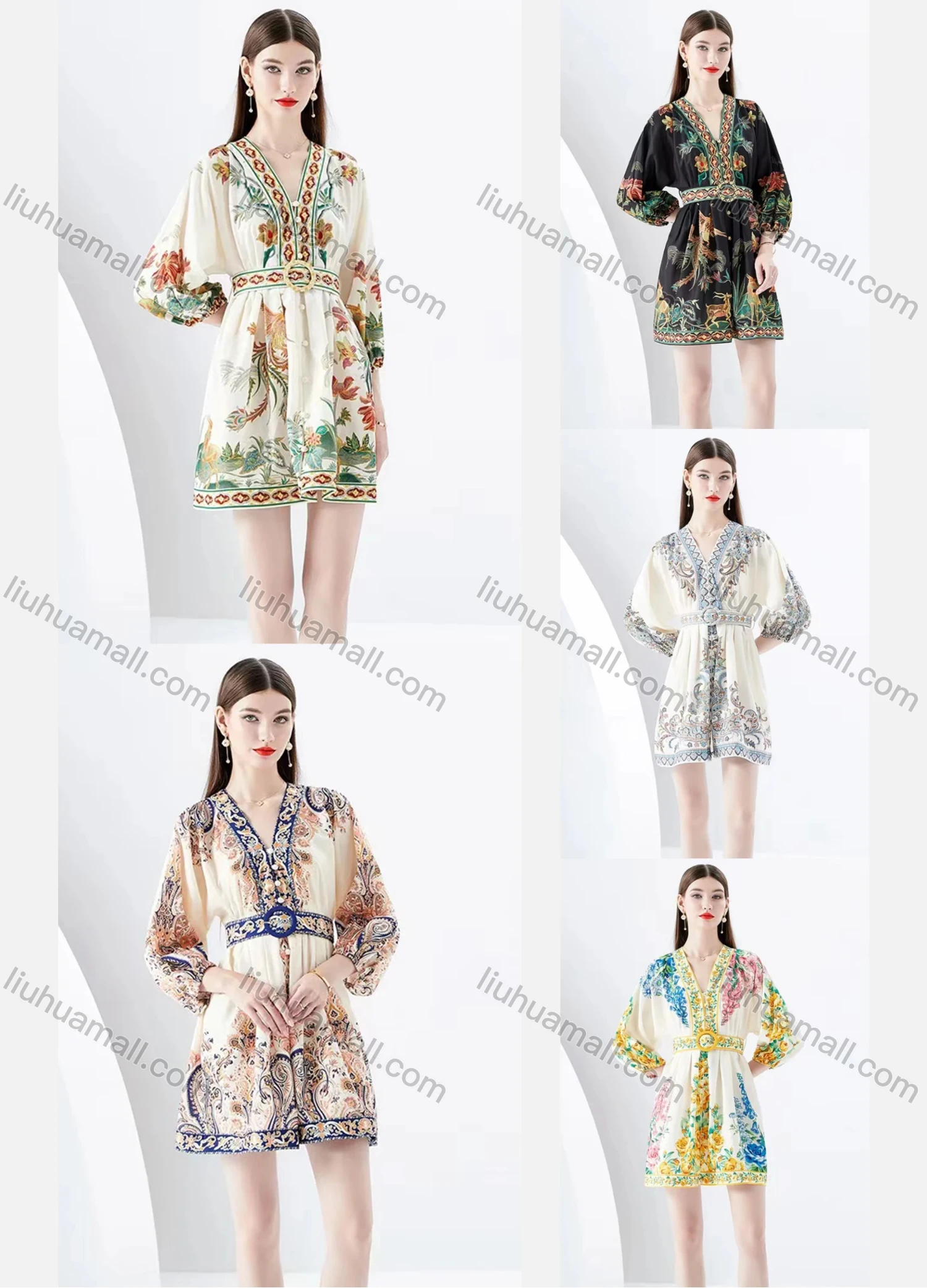 Wholesale Women's Casual V Neck Floral Print High Waist Long Sleeve Short Dress - Liuhuamall