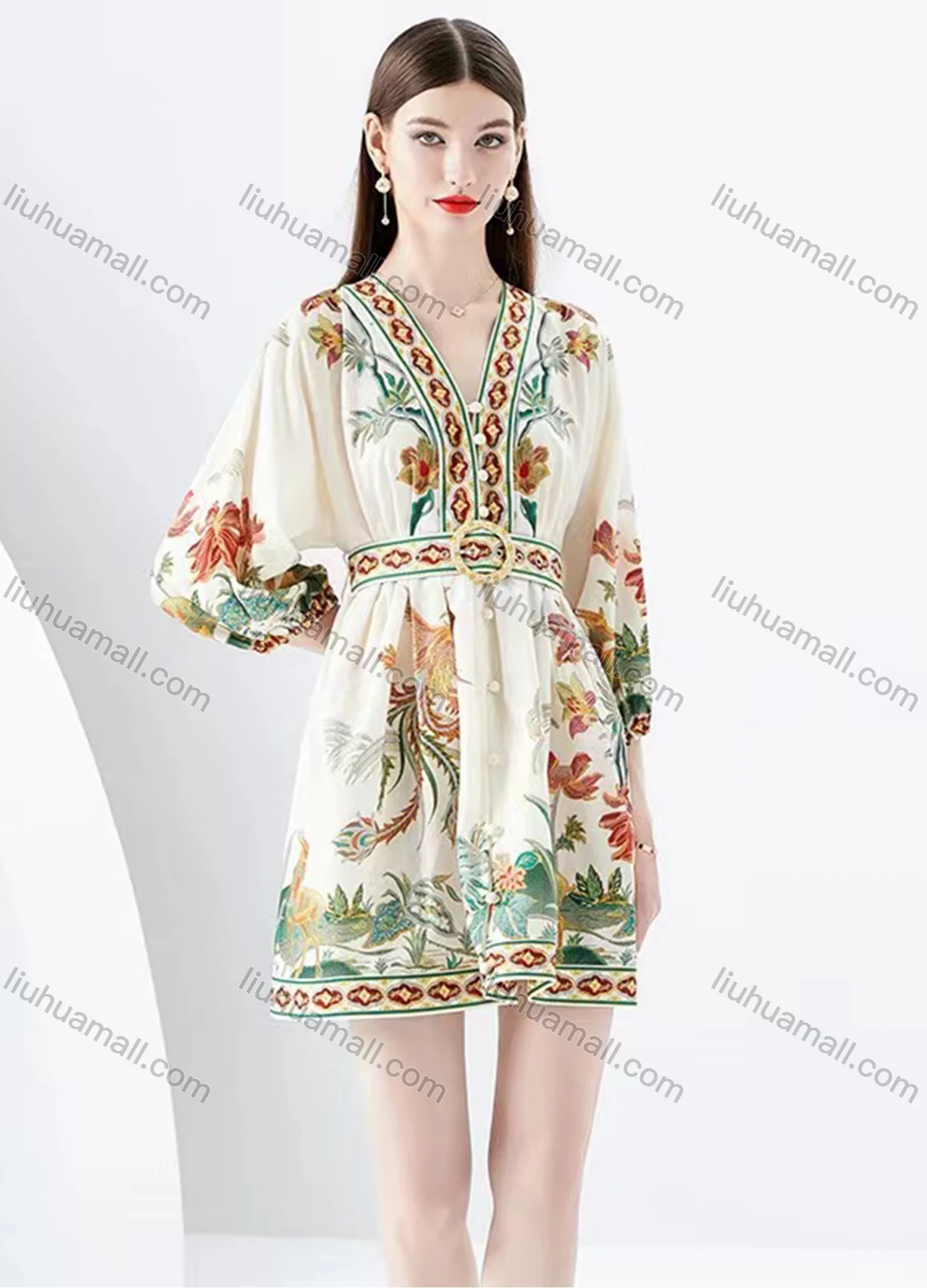 Wholesale Women's Casual V Neck Floral Print High Waist Long Sleeve Short Dress - Liuhuamall