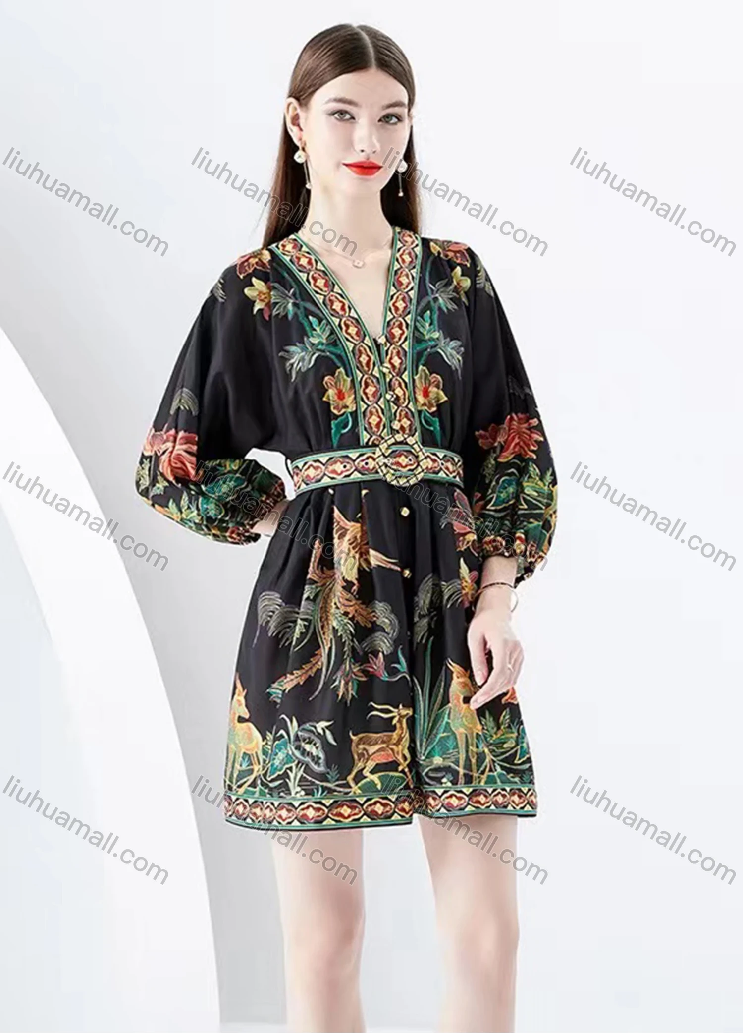 Wholesale Women's Casual V Neck Floral Print High Waist Long Sleeve Short Dress - Liuhuamall