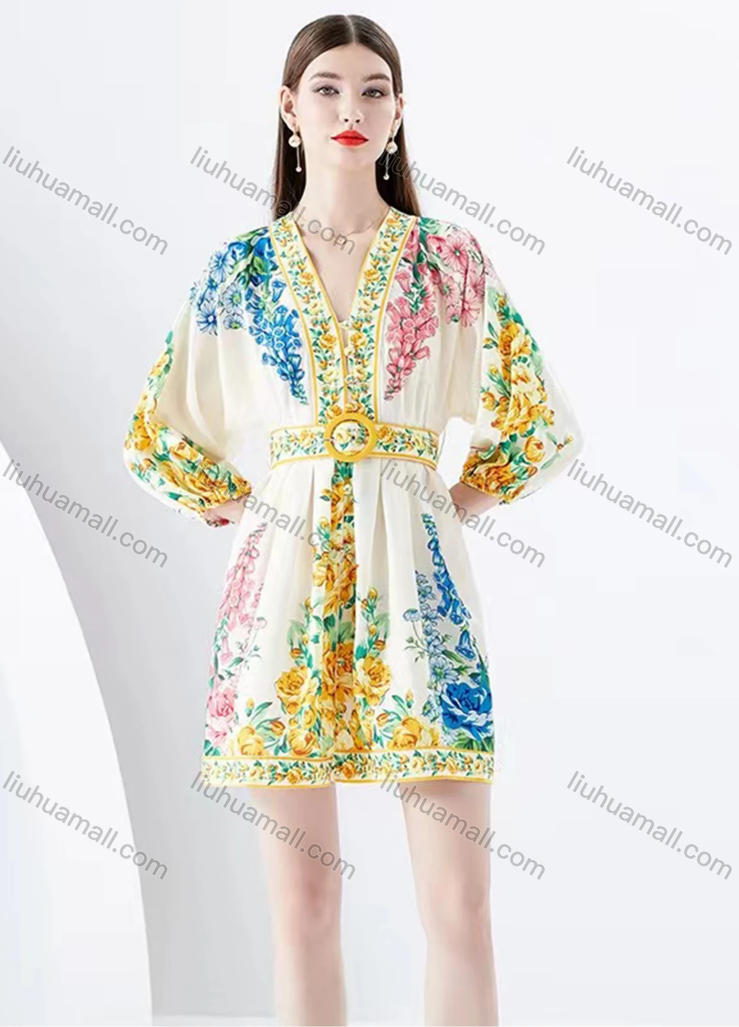 Wholesale Women's Casual V Neck Floral Print High Waist Long Sleeve Short Dress - Liuhuamall