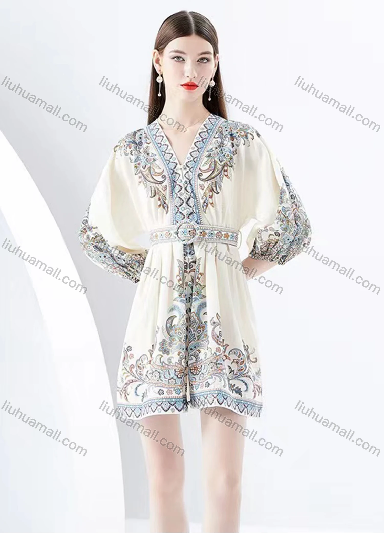 Wholesale Women's Casual V Neck Floral Print High Waist Long Sleeve Short Dress - Liuhuamall