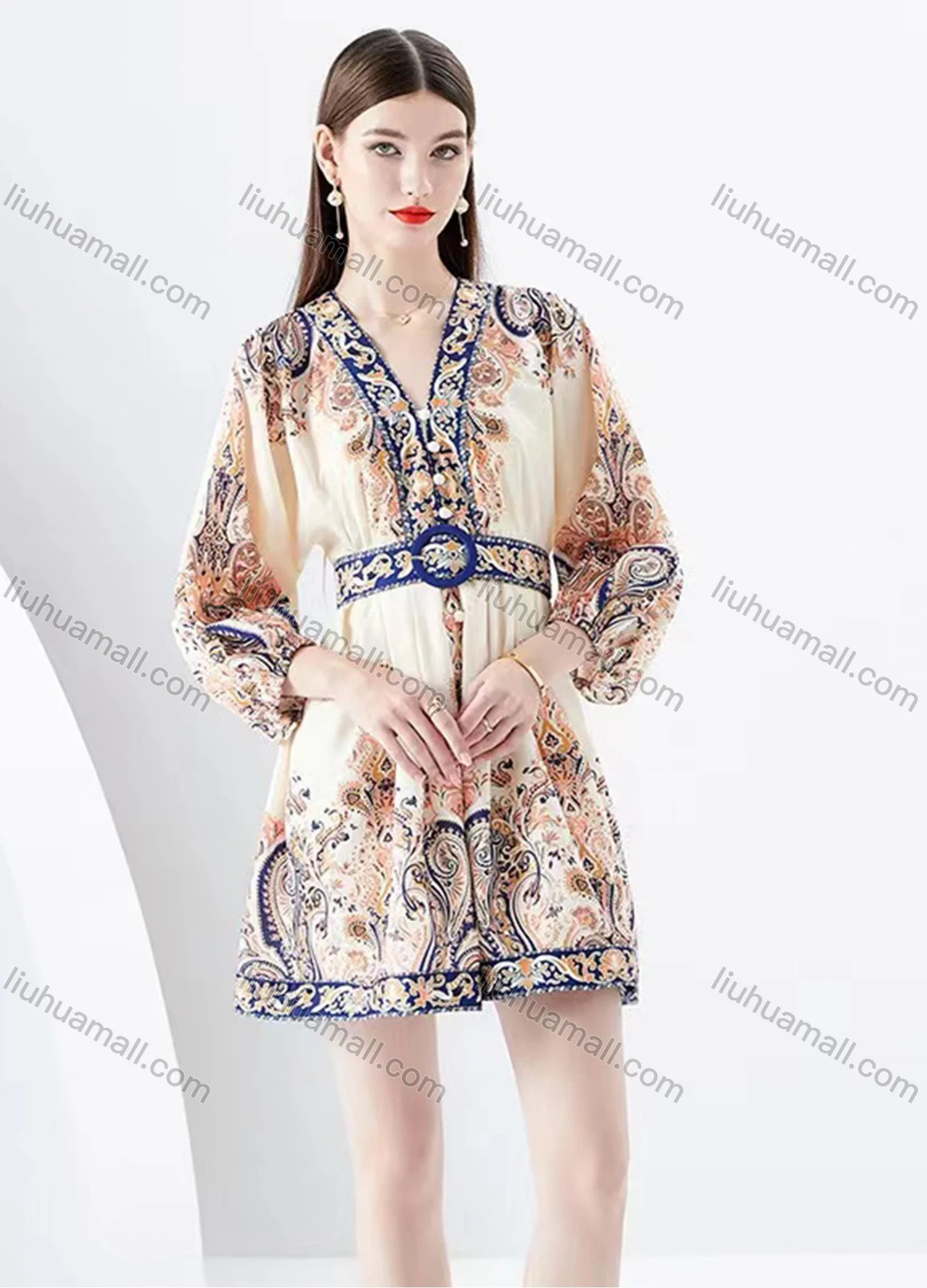 Wholesale Women's Casual V Neck Floral Print High Waist Long Sleeve Short Dress - Liuhuamall
